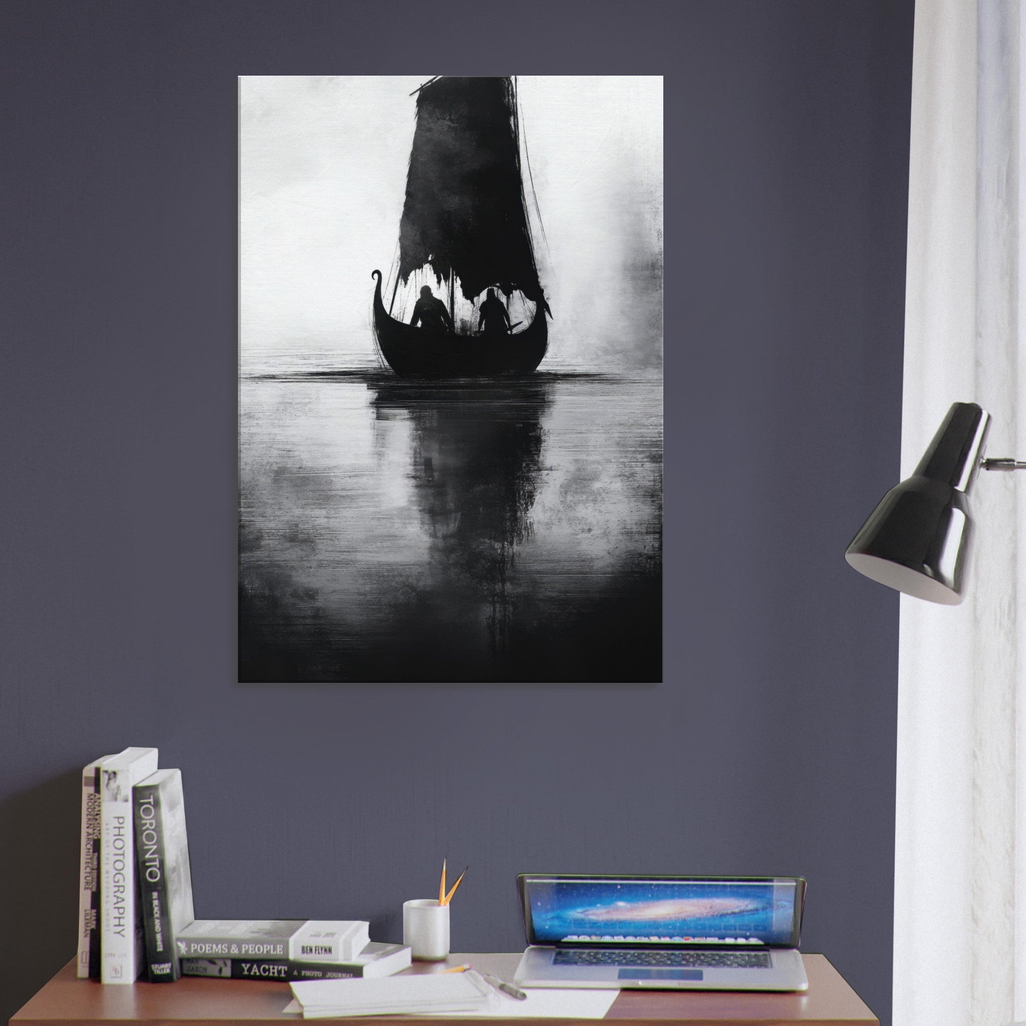 Canvas Portrait - The Ghostly Viking Longship Dark Nordic Ink Met 4 - Shop Ai Art WebShop - Digital Art online Store