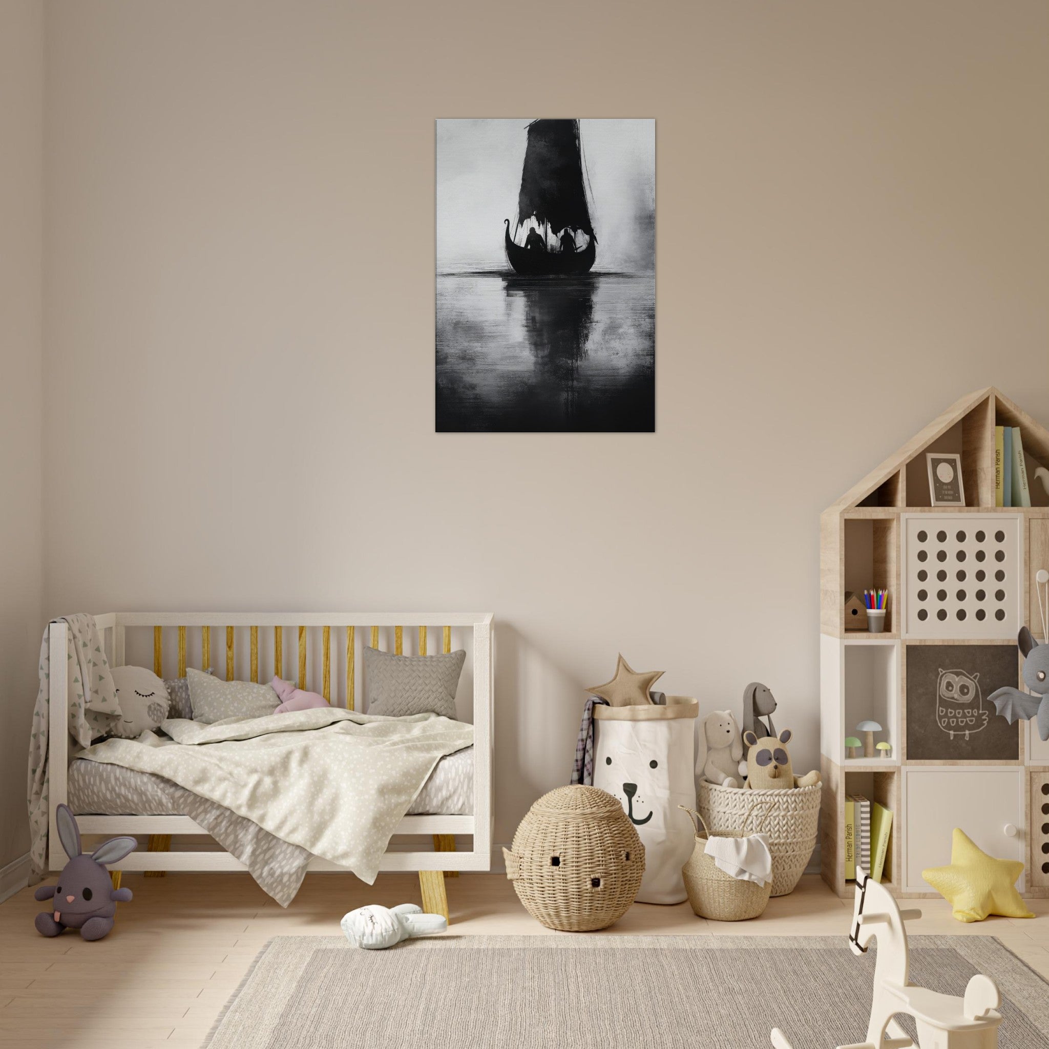 Canvas Portrait - The Ghostly Viking Longship Dark Nordic Ink Met 4 - Shop Ai Art WebShop - Digital Art online Store