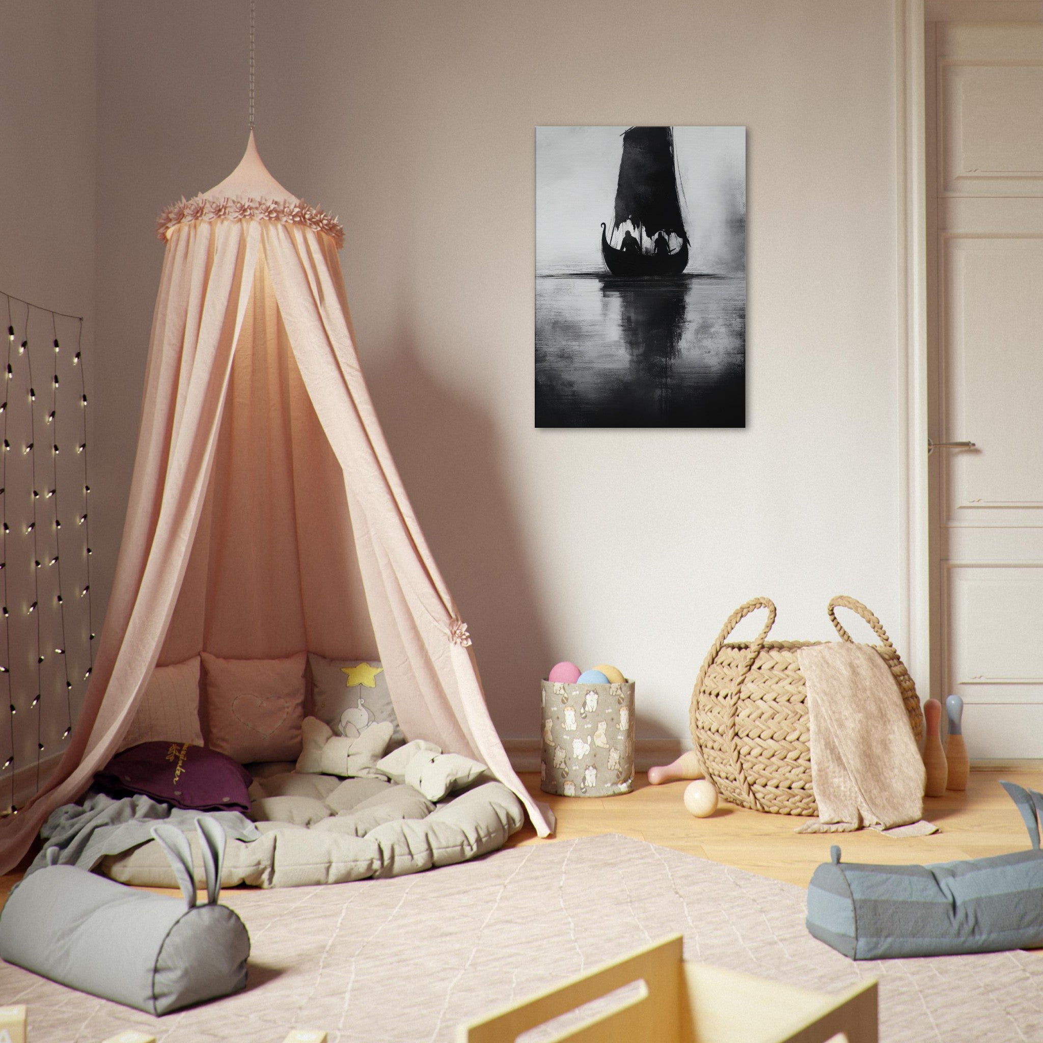 Canvas Portrait - The Ghostly Viking Longship Dark Nordic Ink Met 4 - Shop Ai Art WebShop - Digital Art online Store