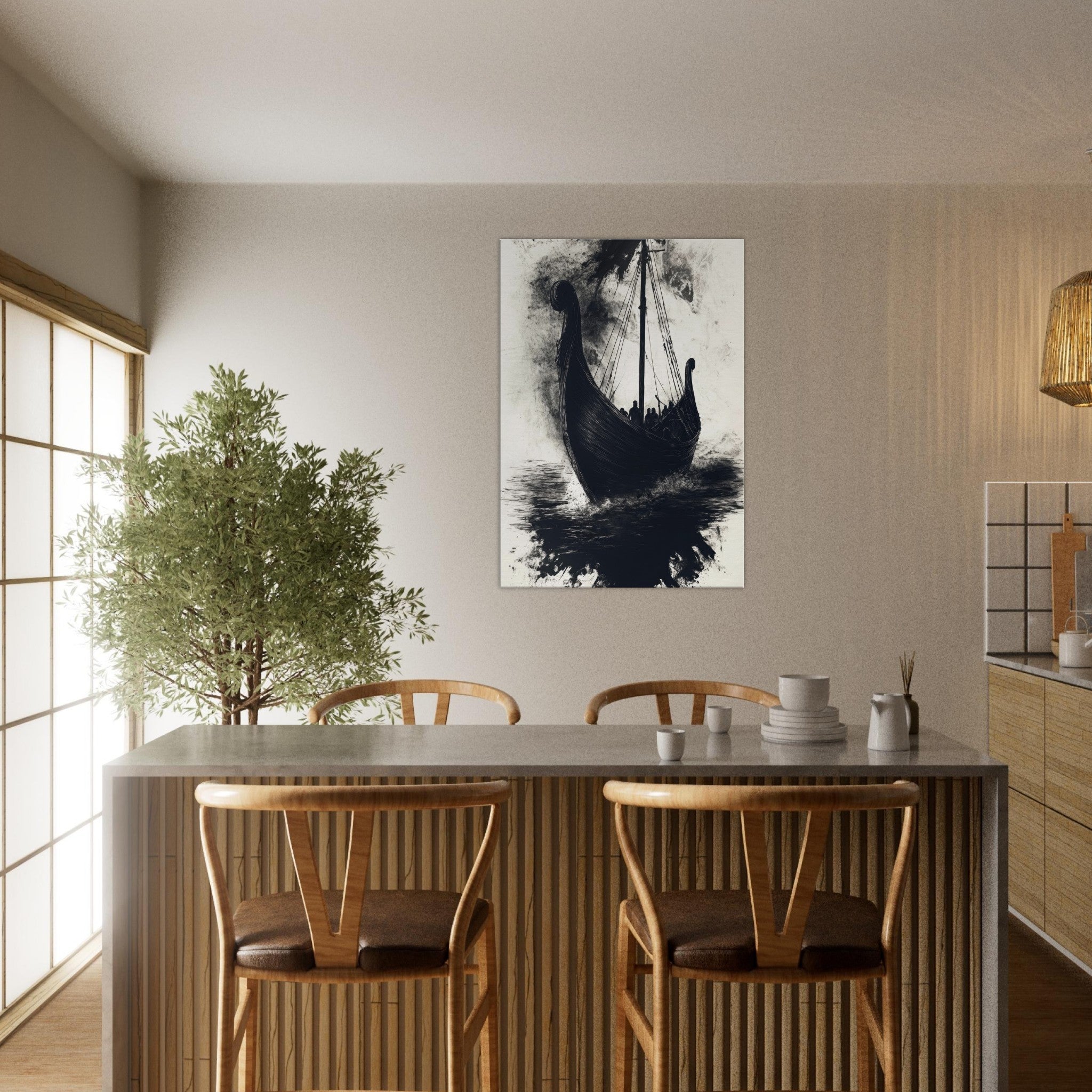 Canvas Portrait - The Ghostly Viking Longship Dark Nordic Ink Met 5 - Shop Ai Art WebShop - Digital Art online Store