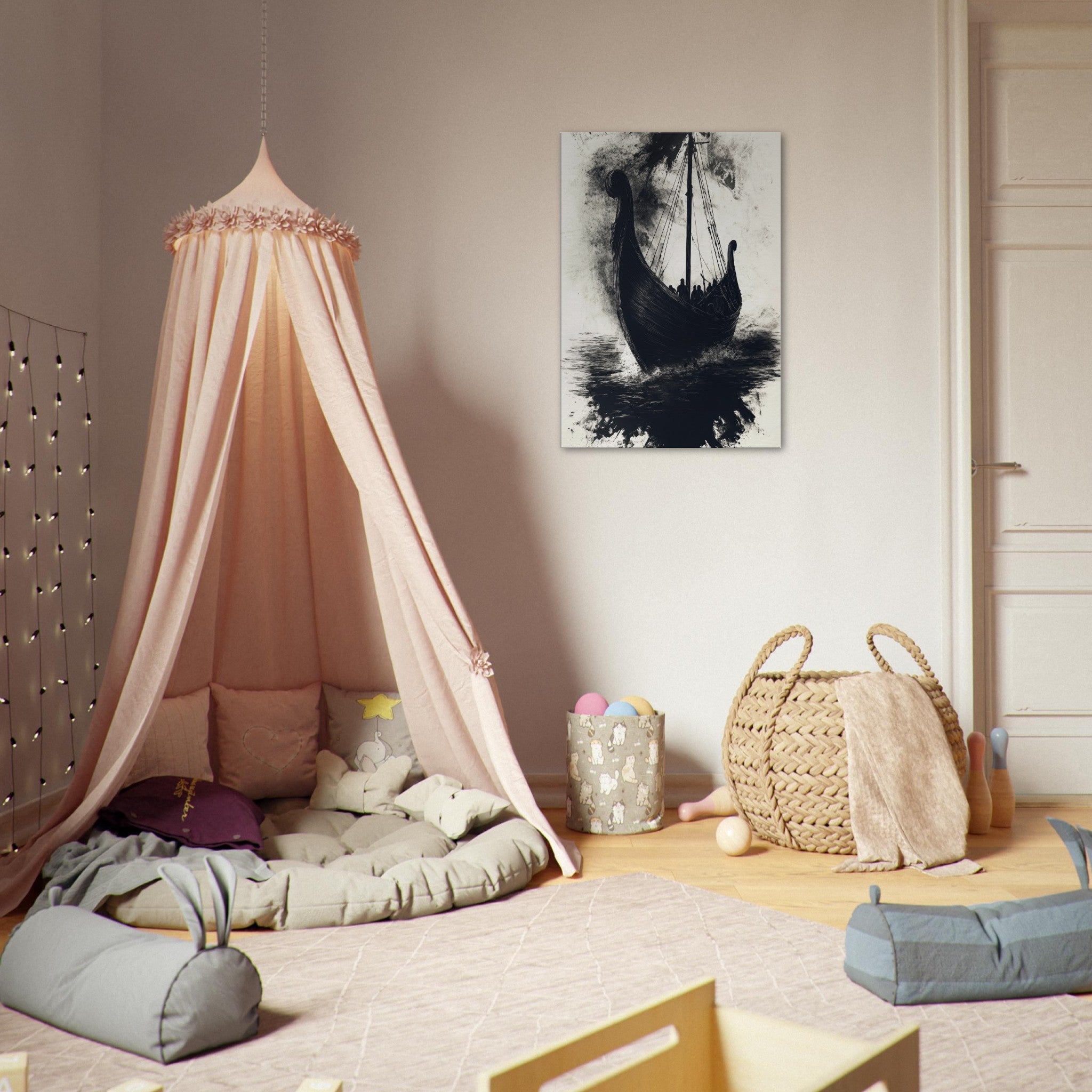 Canvas Portrait - The Ghostly Viking Longship Dark Nordic Ink Met 5 - Shop Ai Art WebShop - Digital Art online Store