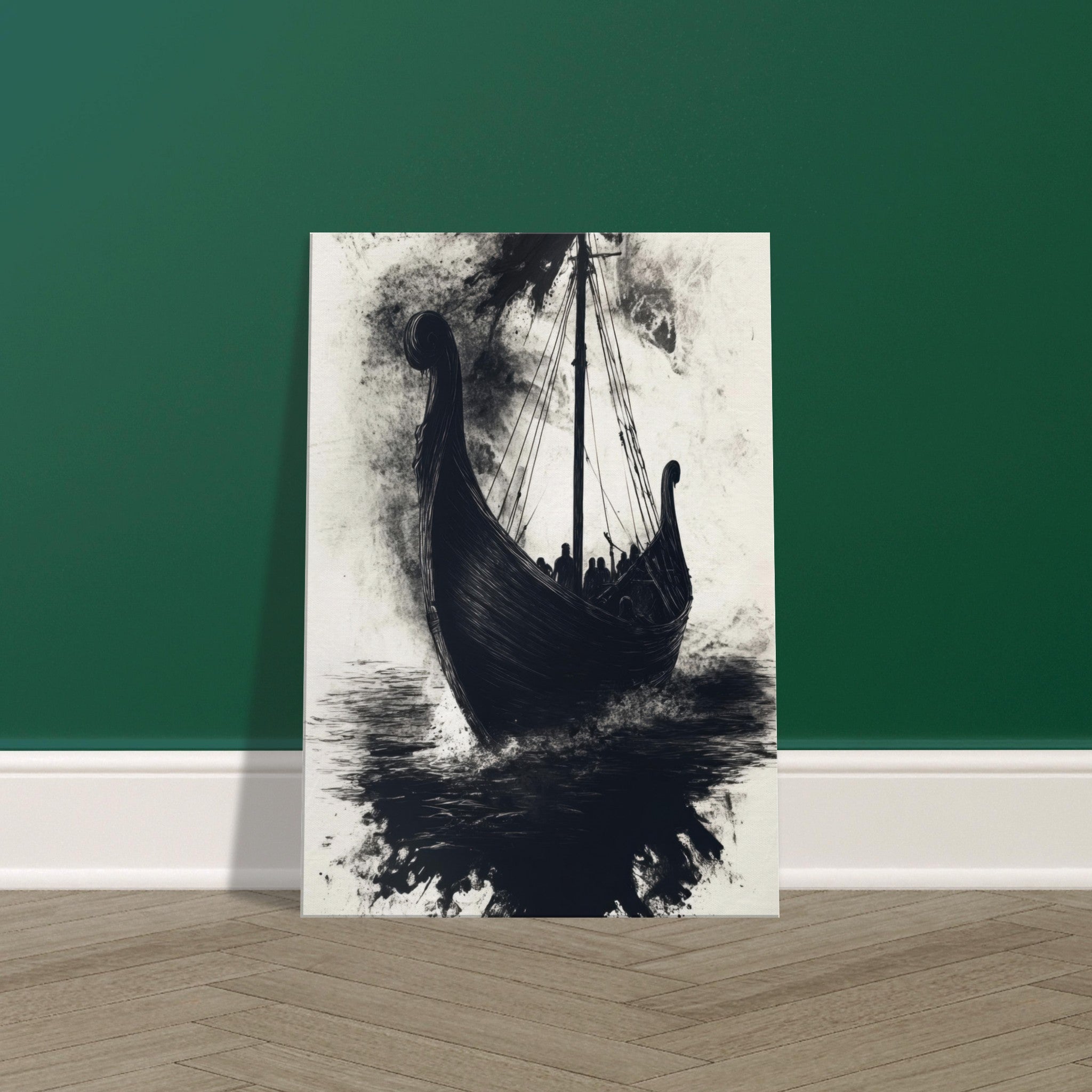 Canvas Portrait - The Ghostly Viking Longship Dark Nordic Ink Met 5 - Shop Ai Art WebShop - Digital Art online Store