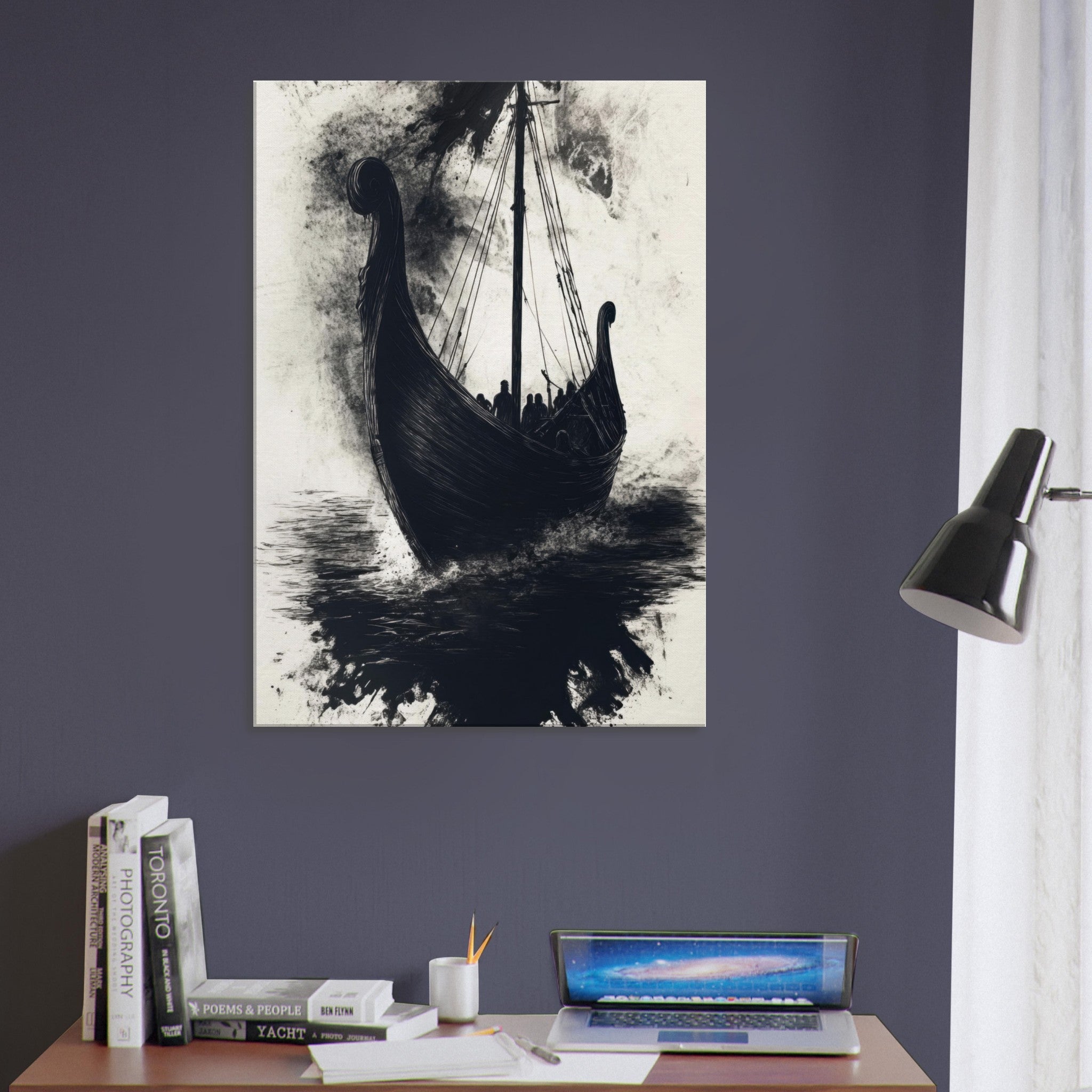 Canvas Portrait - The Ghostly Viking Longship Dark Nordic Ink Met 5 - Shop Ai Art WebShop - Digital Art online Store