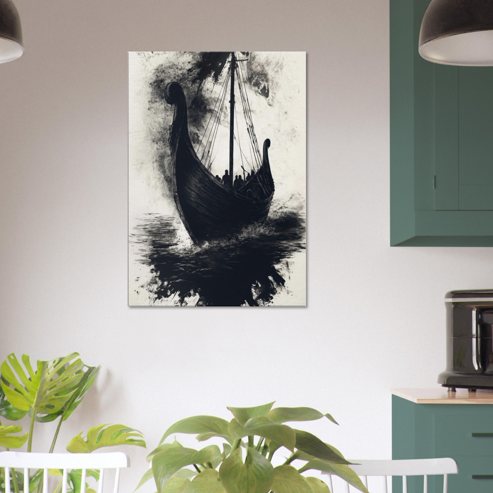 Canvas Portrait - The Ghostly Viking Longship Dark Nordic Ink Met 5 - Shop Ai Art WebShop - Digital Art online Store