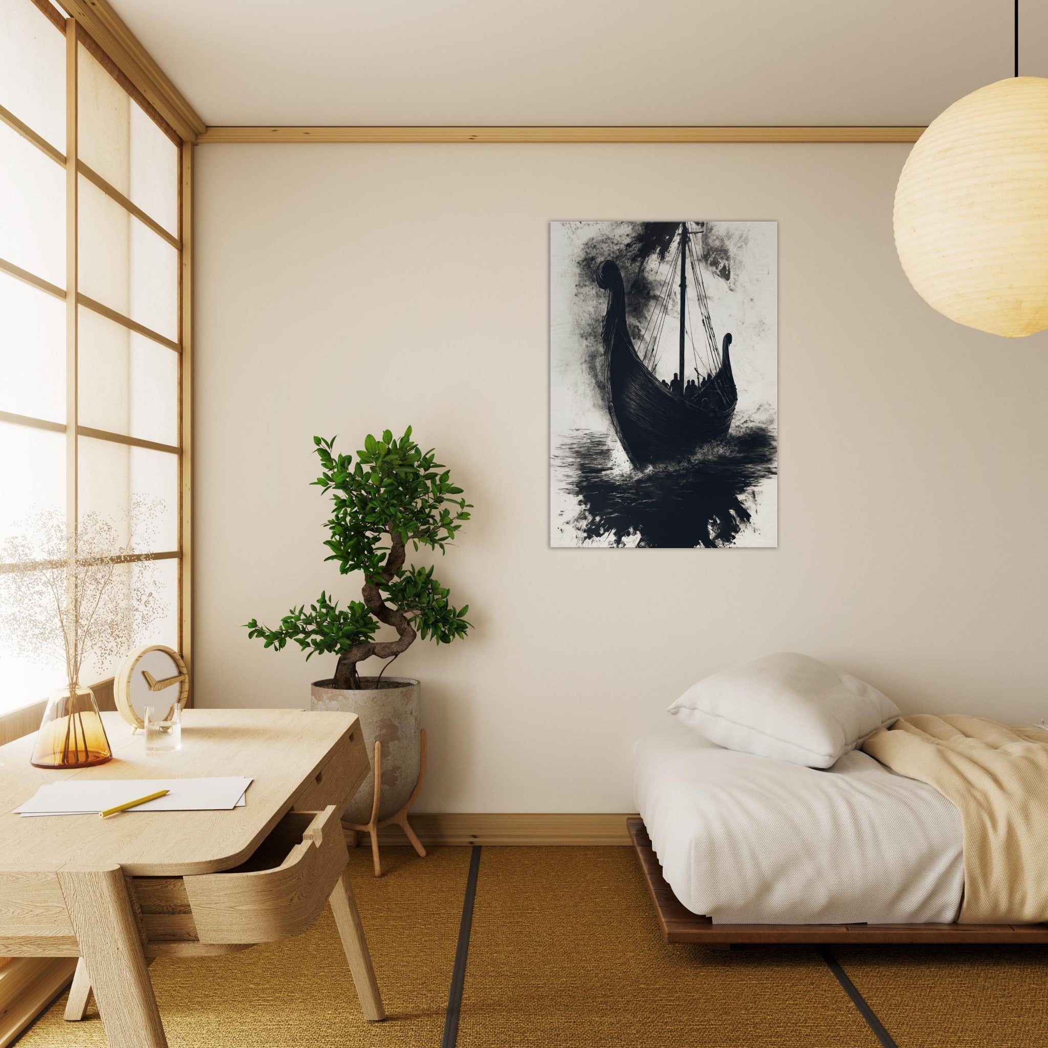 Canvas Portrait - The Ghostly Viking Longship Dark Nordic Ink Met 5 - Shop Ai Art WebShop - Digital Art online Store