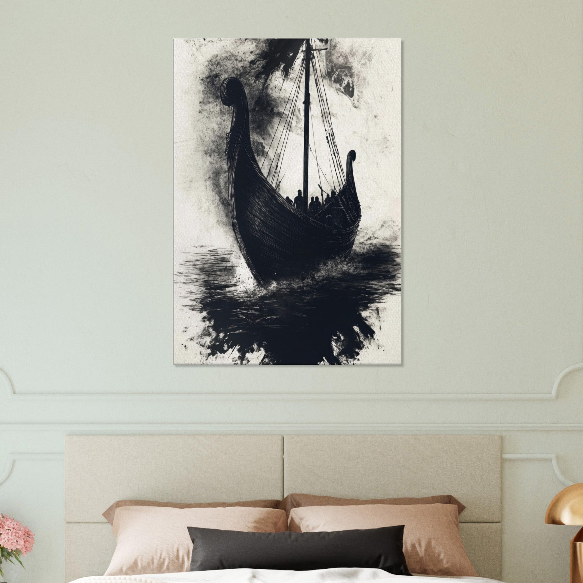 Canvas Portrait - The Ghostly Viking Longship Dark Nordic Ink Met 5 - Shop Ai Art WebShop - Digital Art online Store