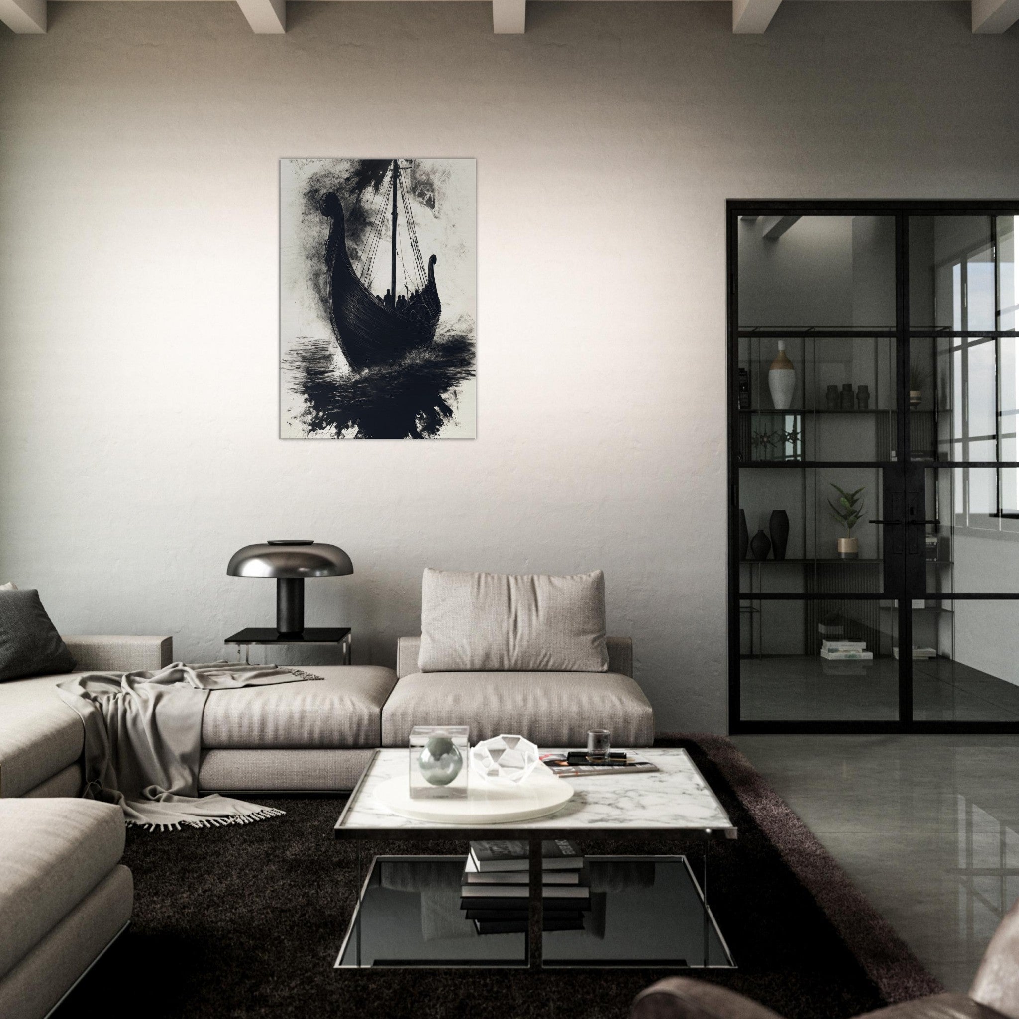 Canvas Portrait - The Ghostly Viking Longship Dark Nordic Ink Met 5 - Shop Ai Art WebShop - Digital Art online Store