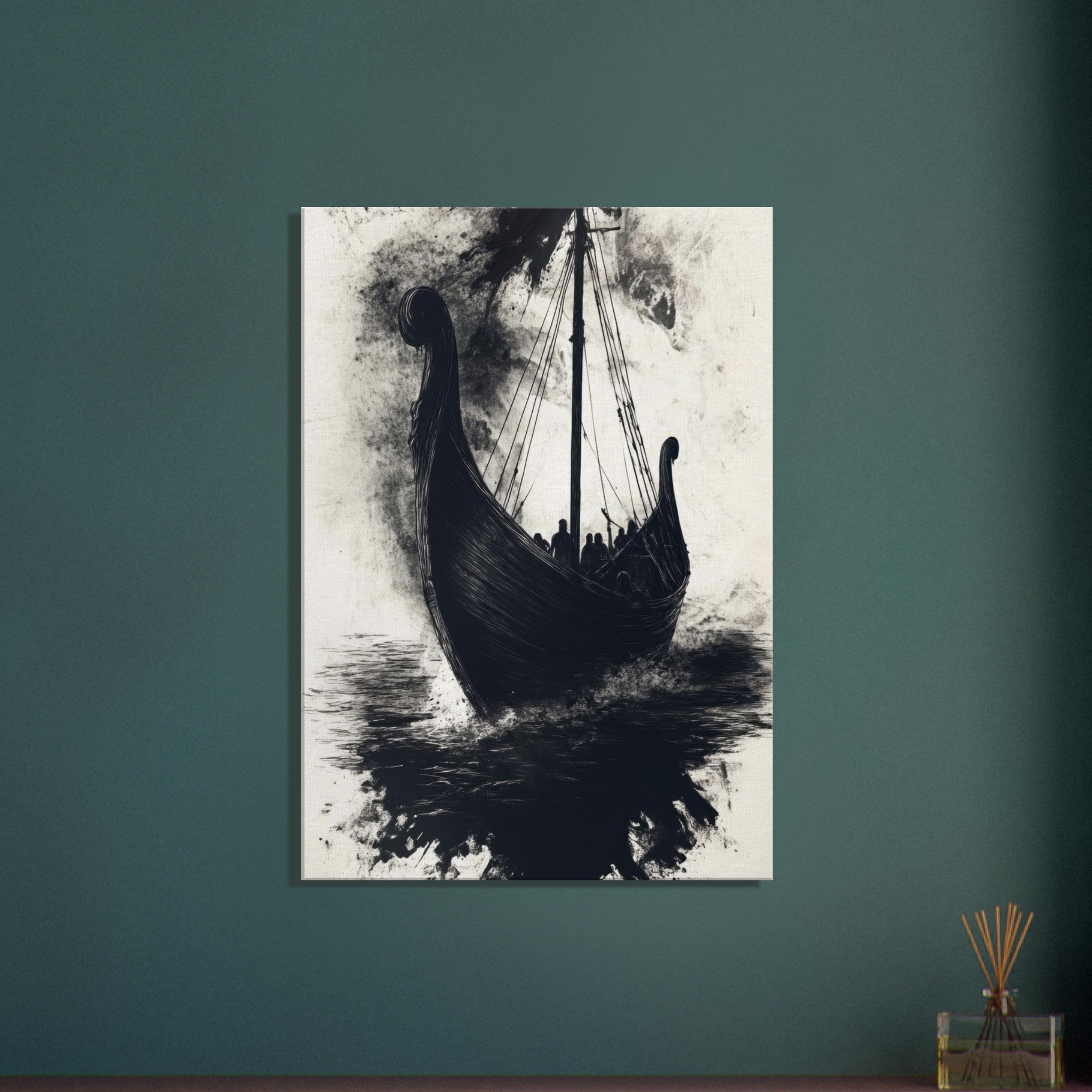 Canvas Portrait - The Ghostly Viking Longship Dark Nordic Ink Met 5 - Shop Ai Art WebShop - Digital Art online Store