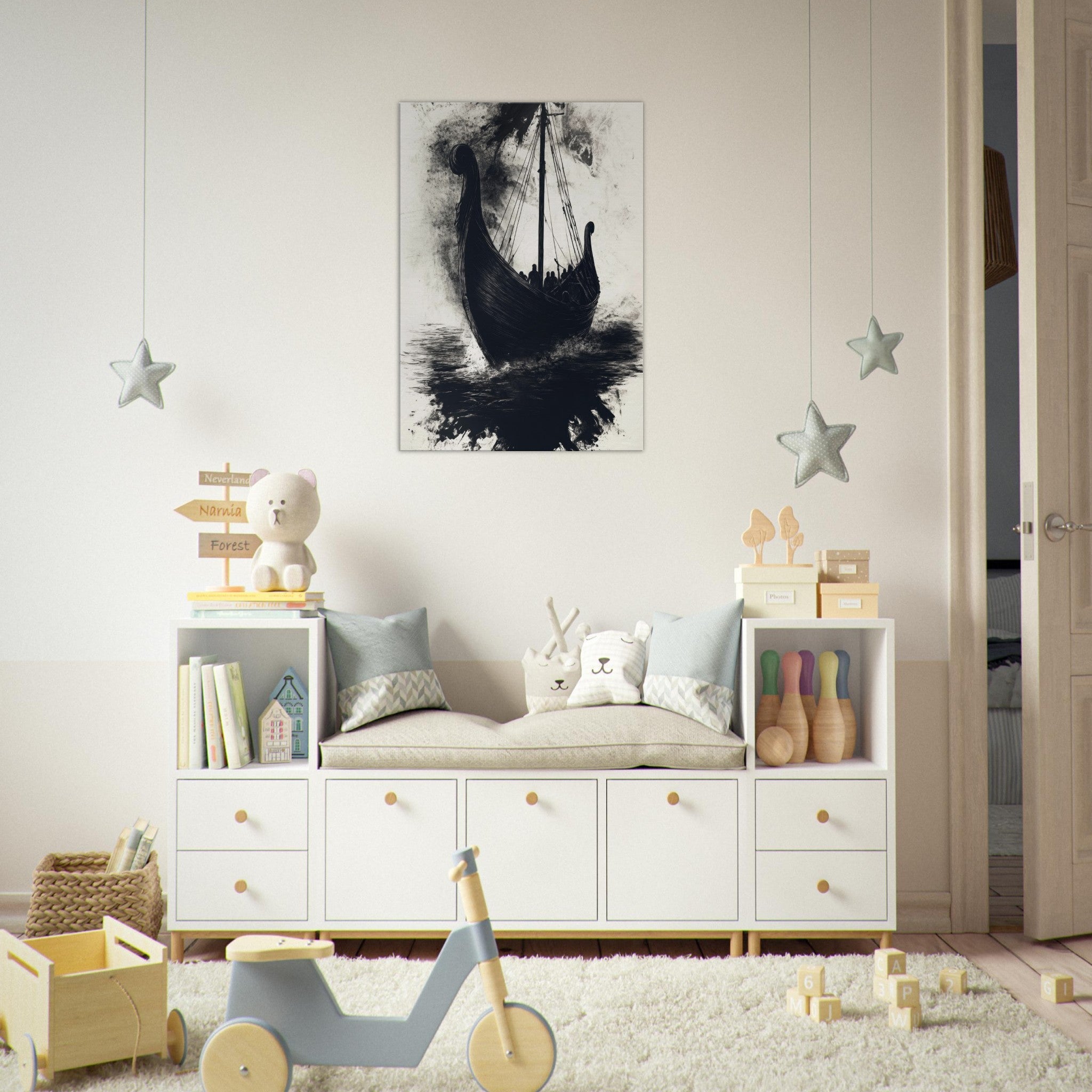 Canvas Portrait - The Ghostly Viking Longship Dark Nordic Ink Met 5 - Shop Ai Art WebShop - Digital Art online Store