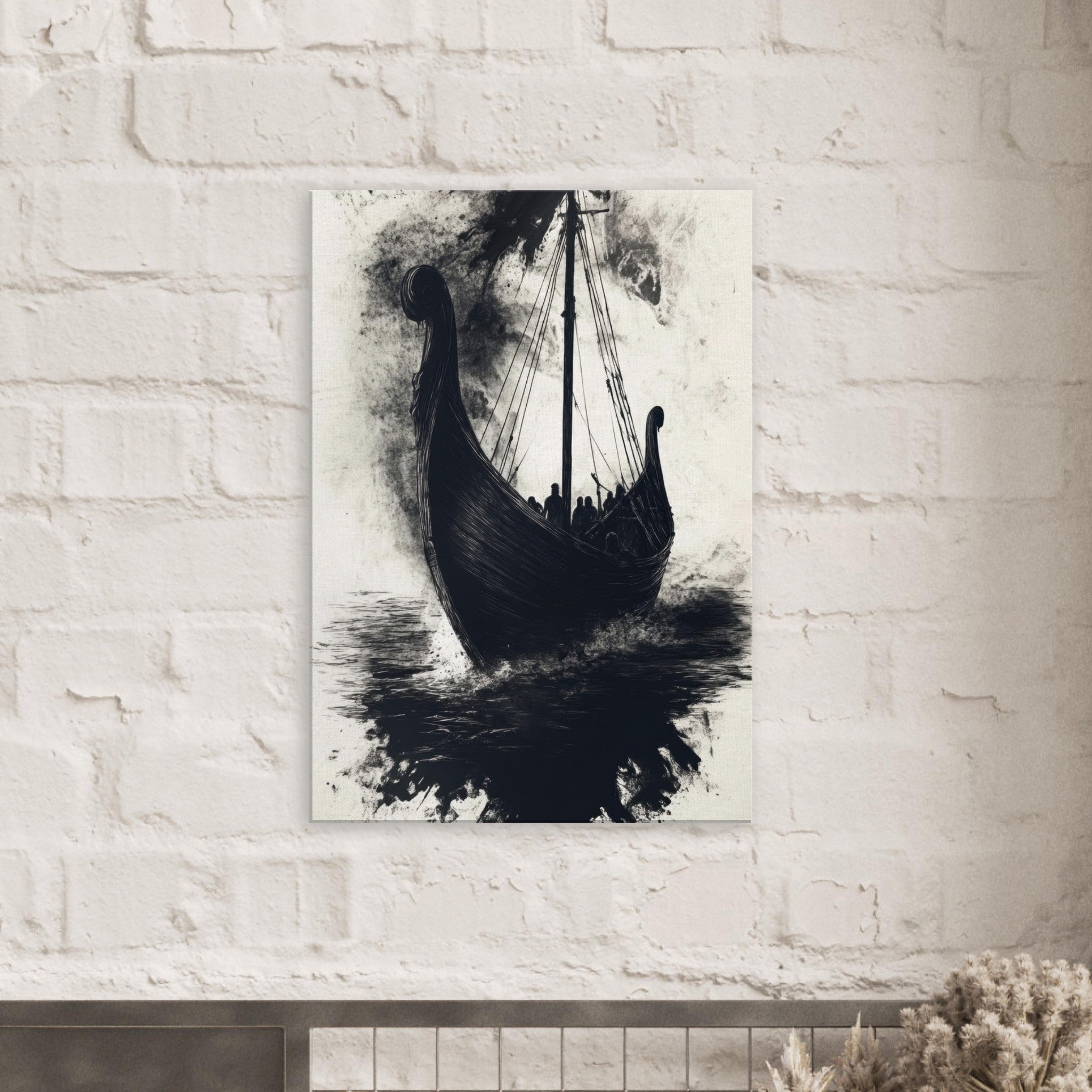 Canvas Portrait - The Ghostly Viking Longship Dark Nordic Ink Met 5 - Shop Ai Art WebShop - Digital Art online Store
