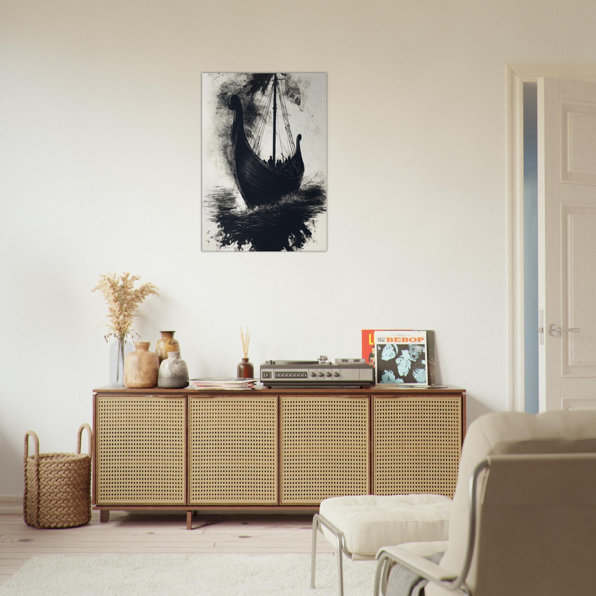 Canvas Portrait - The Ghostly Viking Longship Dark Nordic Ink Met 5 - Shop Ai Art WebShop - Digital Art online Store