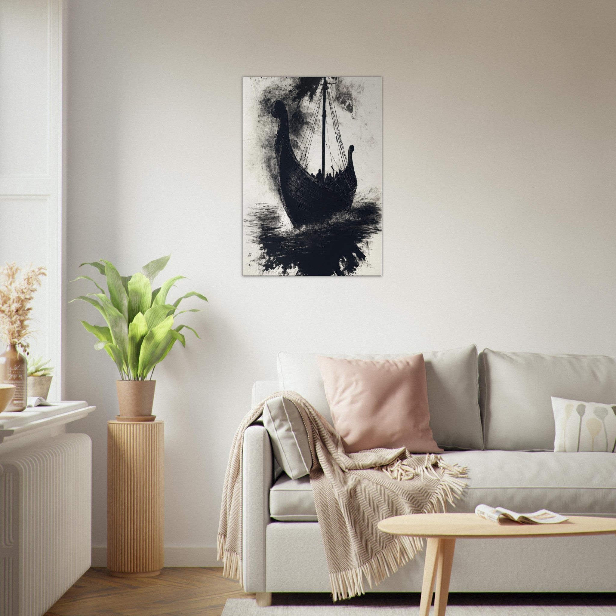 Canvas Portrait - The Ghostly Viking Longship Dark Nordic Ink Met 5 - Shop Ai Art WebShop - Digital Art online Store