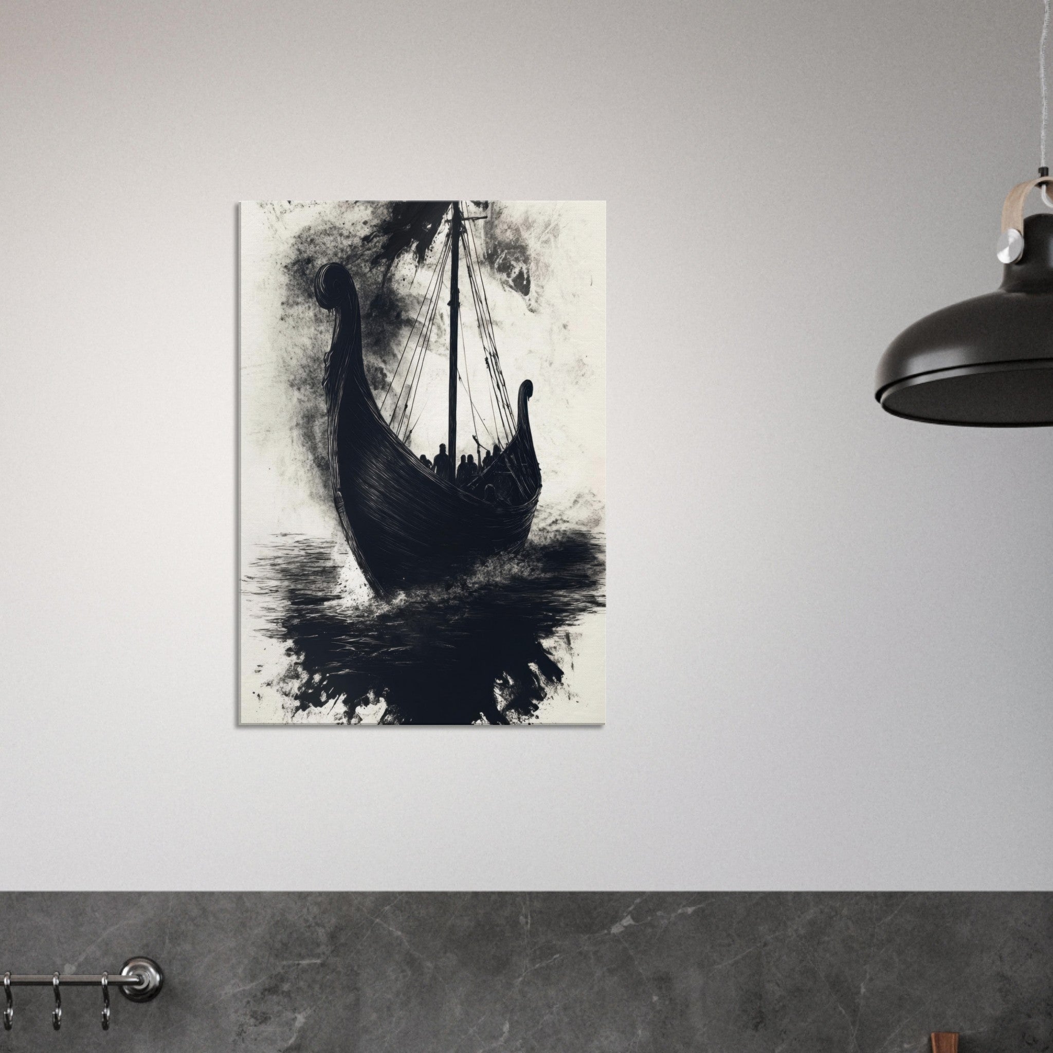 Canvas Portrait - The Ghostly Viking Longship Dark Nordic Ink Met 5 - Shop Ai Art WebShop - Digital Art online Store