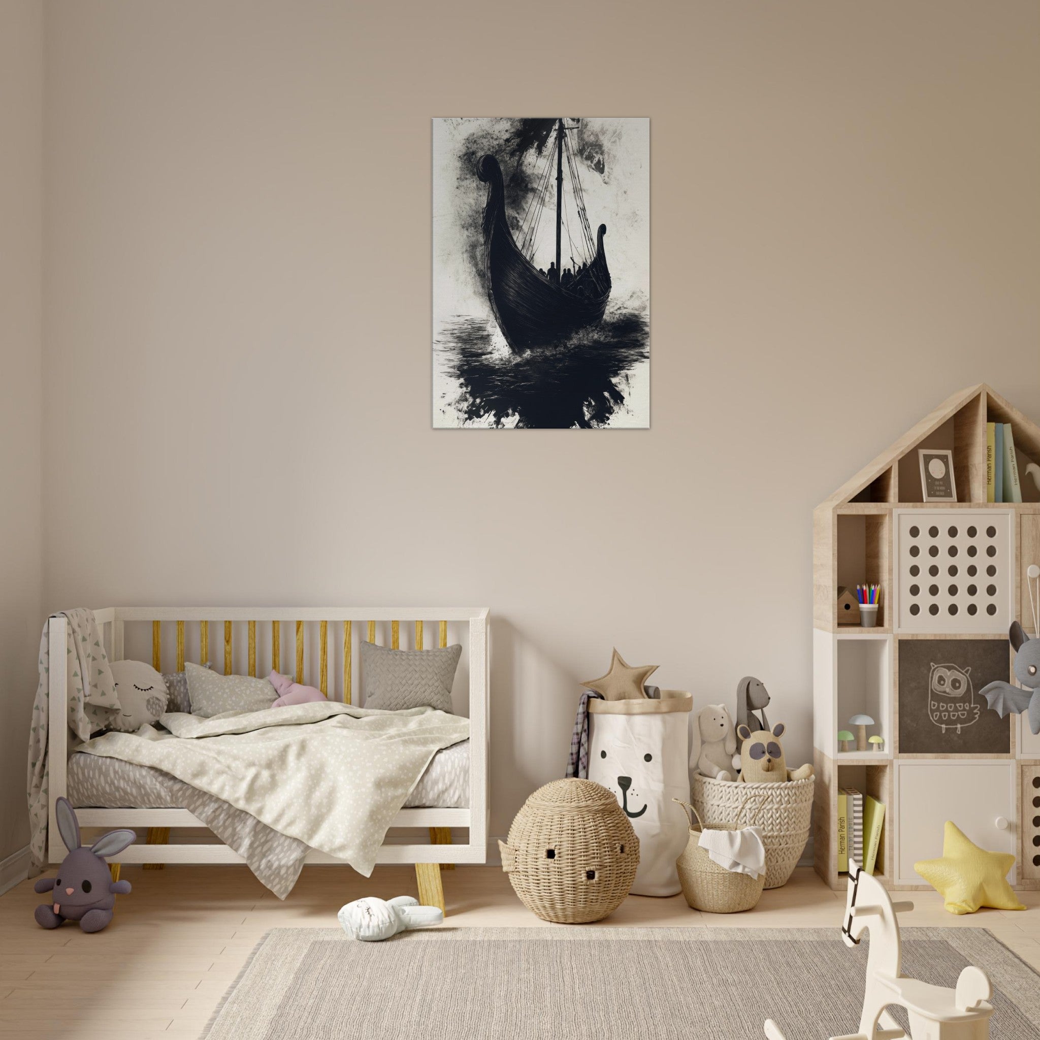 Canvas Portrait - The Ghostly Viking Longship Dark Nordic Ink Met 5 - Shop Ai Art WebShop - Digital Art online Store