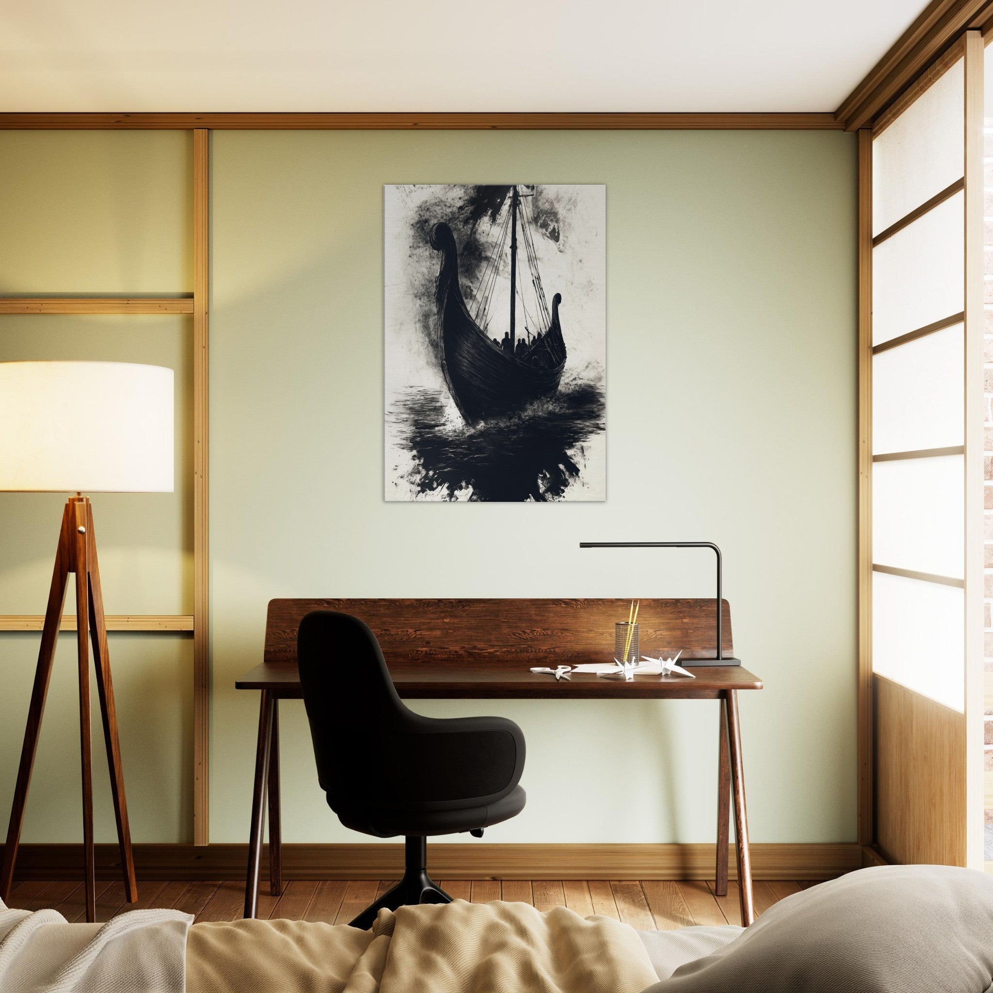 Canvas Portrait - The Ghostly Viking Longship Dark Nordic Ink Met 5 - Shop Ai Art WebShop - Digital Art online Store