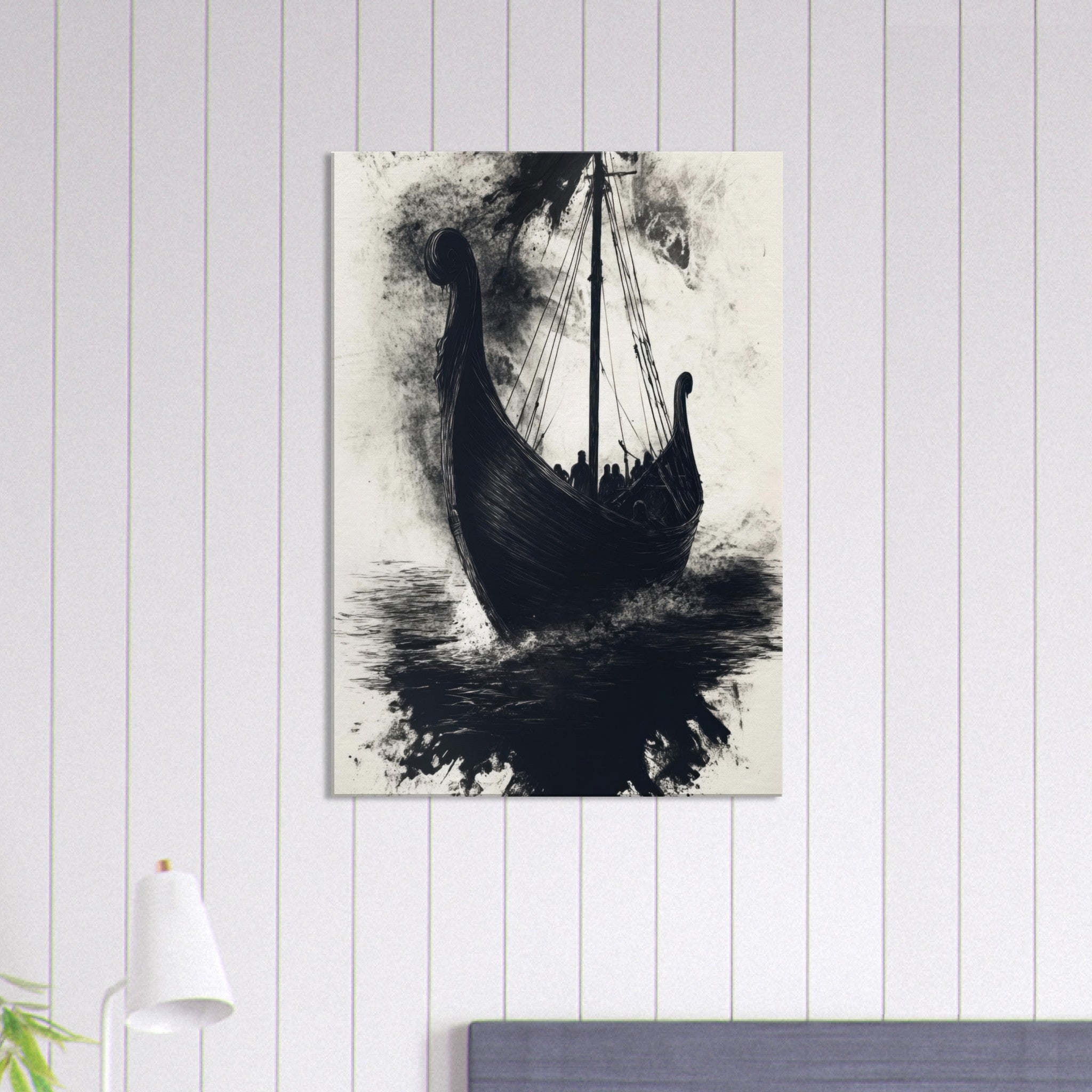 Canvas Portrait - The Ghostly Viking Longship Dark Nordic Ink Met 5 - Shop Ai Art WebShop - Digital Art online Store