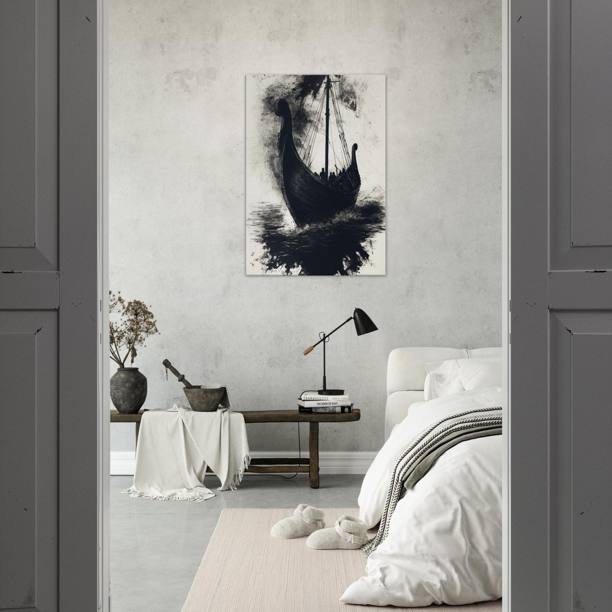 Canvas Portrait - The Ghostly Viking Longship Dark Nordic Ink Met 5 - Shop Ai Art WebShop - Digital Art online Store