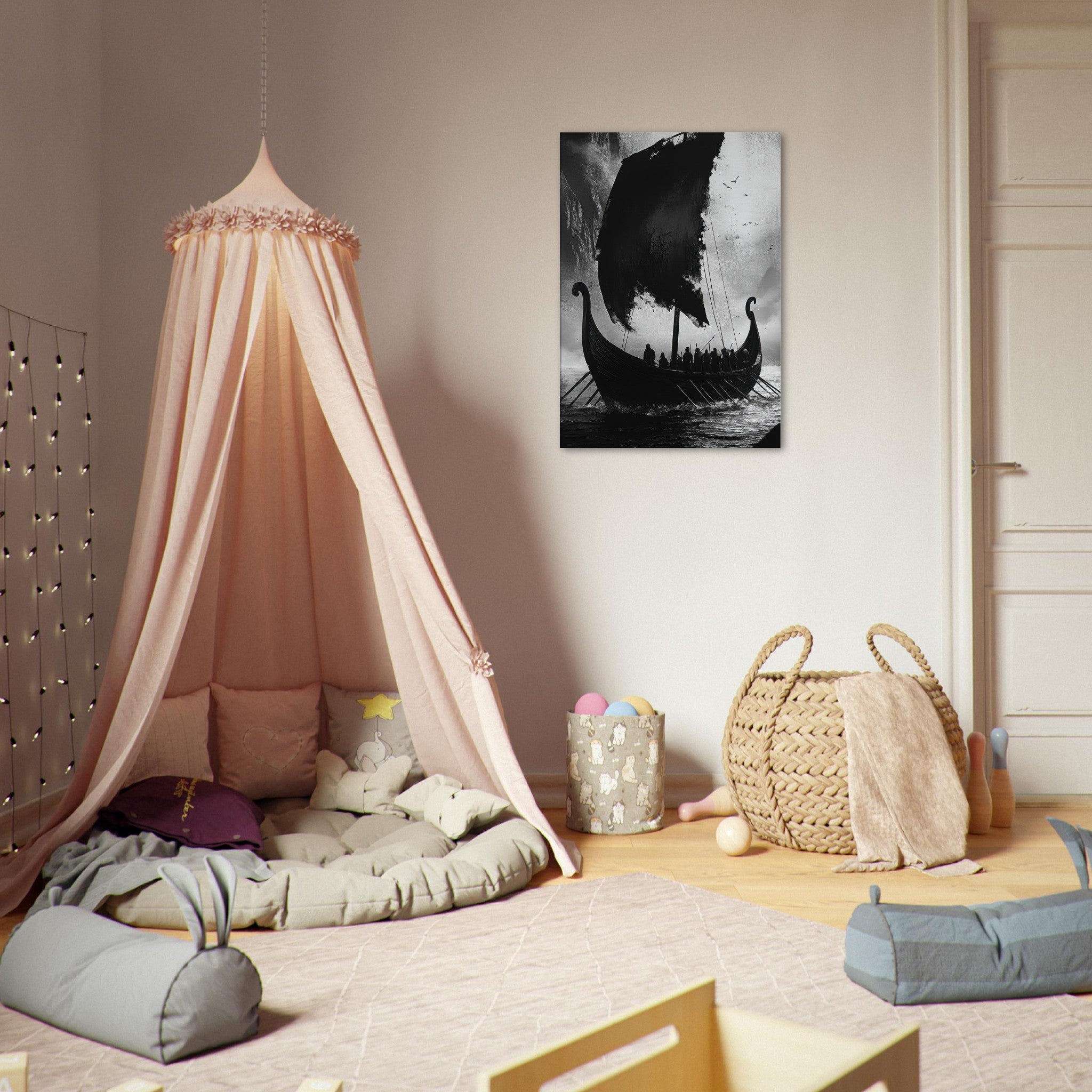 Canvas Portrait - The Ghostly Viking Longship Dark Nordic Ink Met - Shop Ai Art WebShop - Digital Art online Store