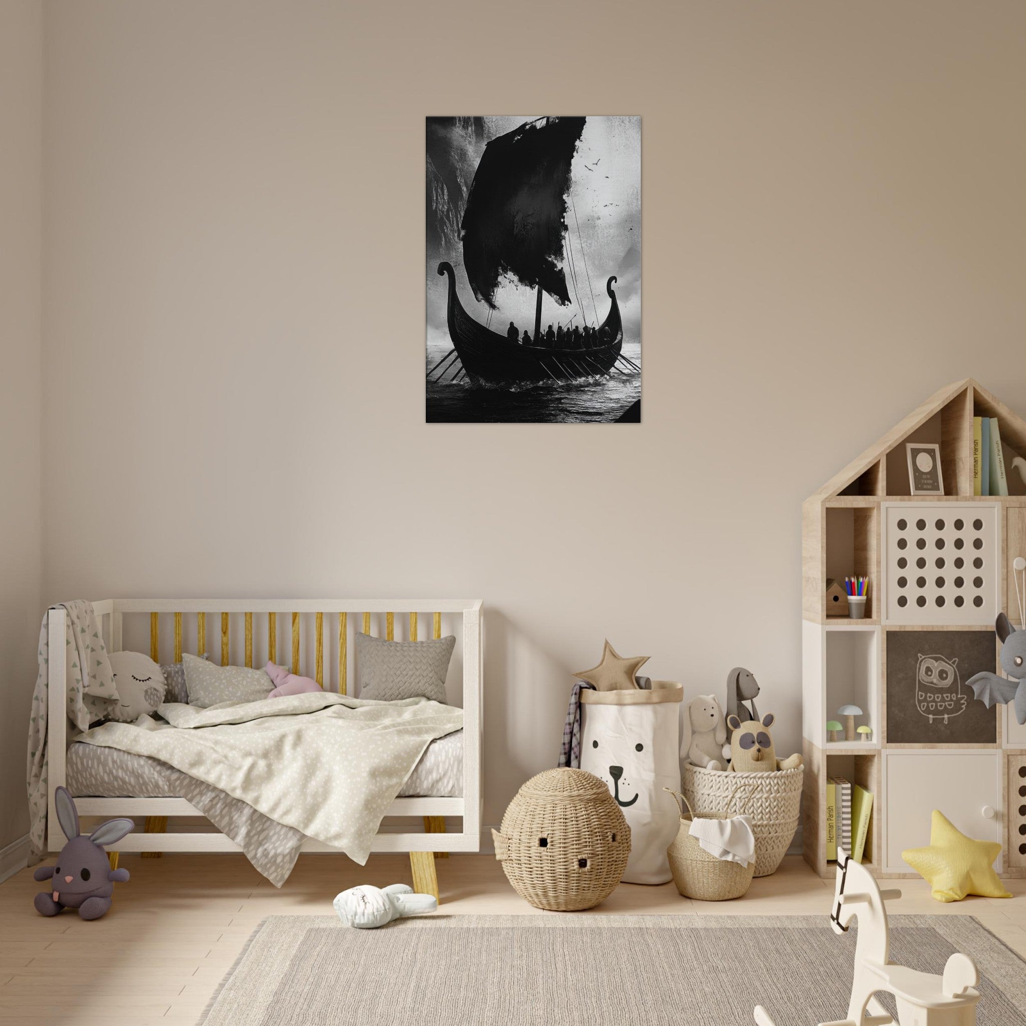 Canvas Portrait - The Ghostly Viking Longship Dark Nordic Ink Met - Shop Ai Art WebShop - Digital Art online Store