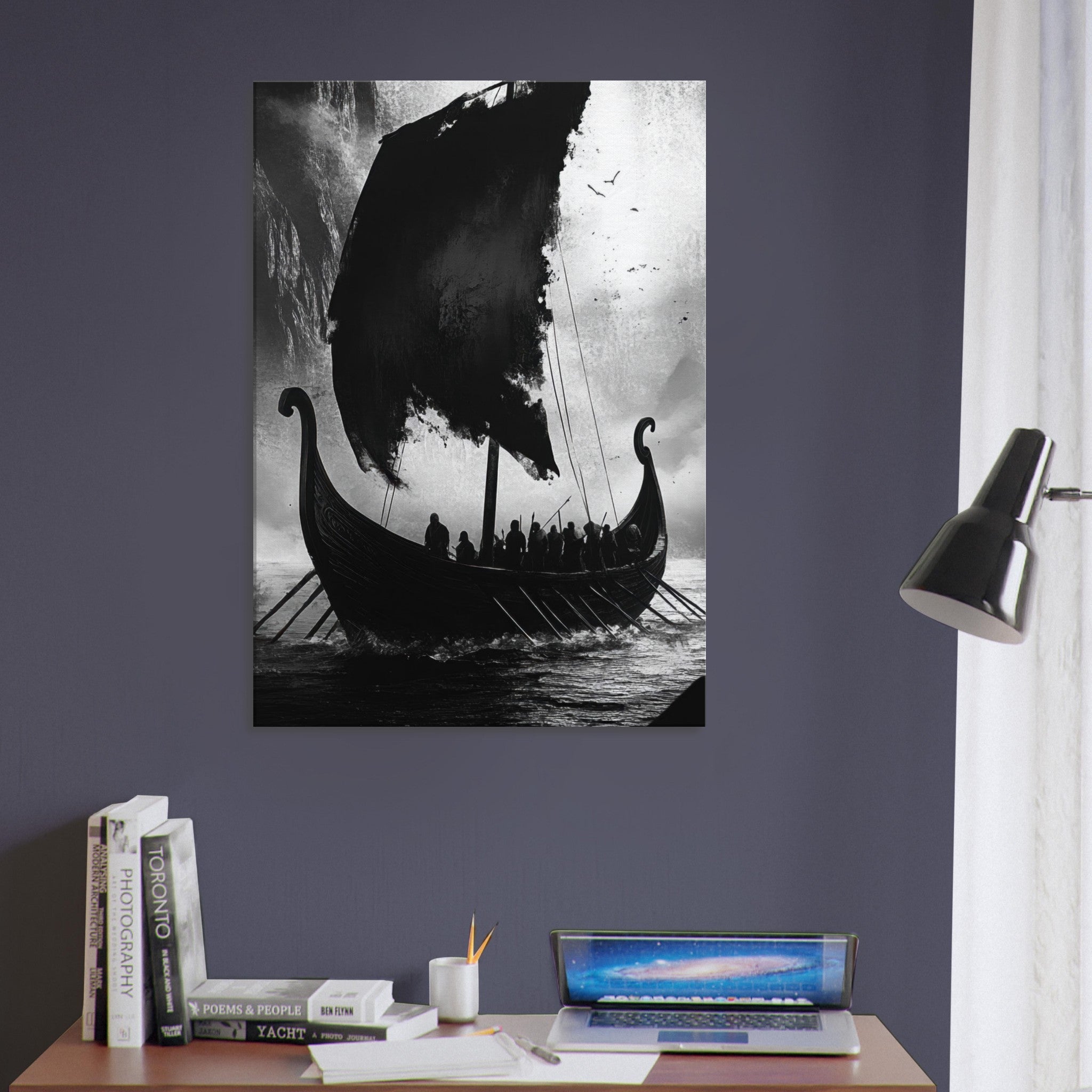 Canvas Portrait - The Ghostly Viking Longship Dark Nordic Ink Met - Shop Ai Art WebShop - Digital Art online Store