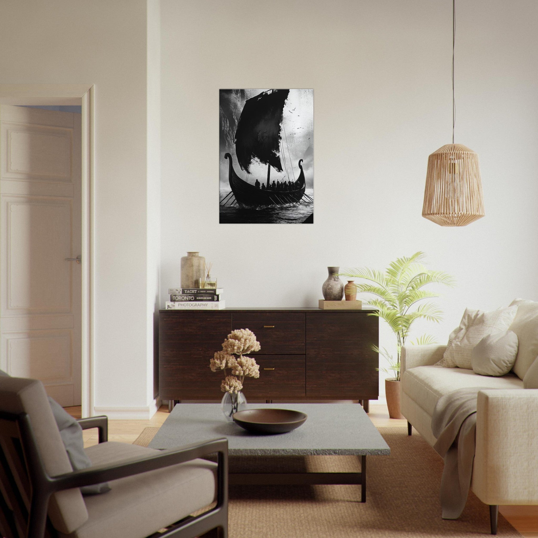 Canvas Portrait - The Ghostly Viking Longship Dark Nordic Ink Met - Shop Ai Art WebShop - Digital Art online Store
