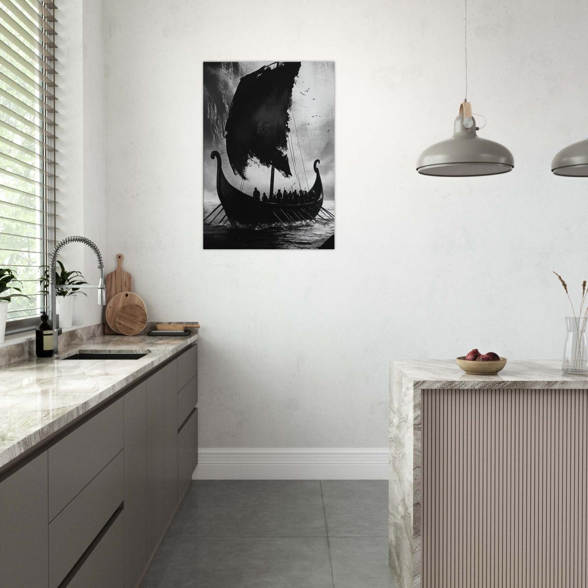 Canvas Portrait - The Ghostly Viking Longship Dark Nordic Ink Met - Shop Ai Art WebShop - Digital Art online Store