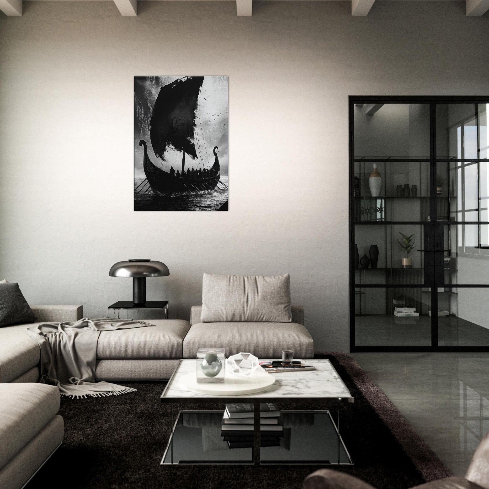 Canvas Portrait - The Ghostly Viking Longship Dark Nordic Ink Met - Shop Ai Art WebShop - Digital Art online Store