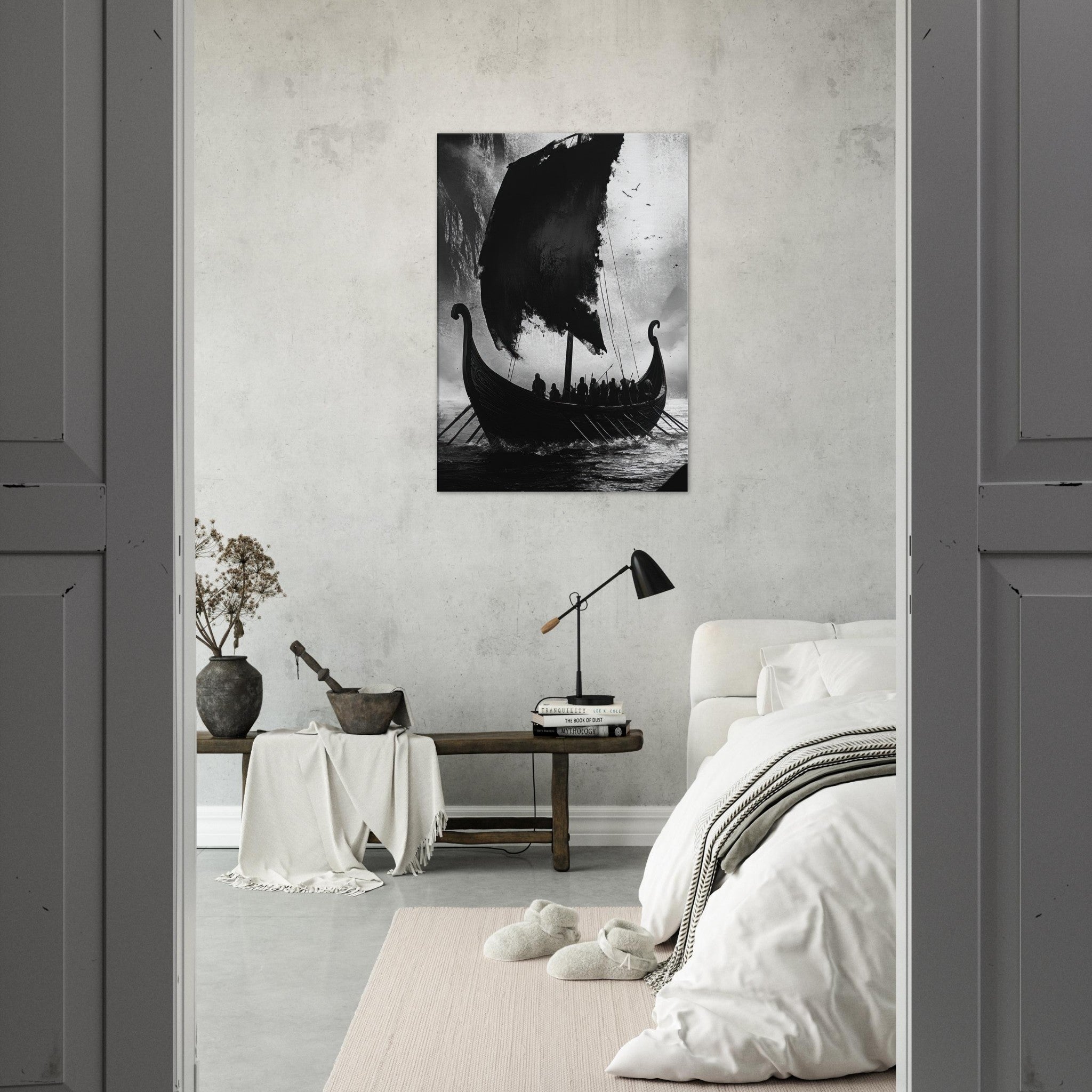 Canvas Portrait - The Ghostly Viking Longship Dark Nordic Ink Met - Shop Ai Art WebShop - Digital Art online Store
