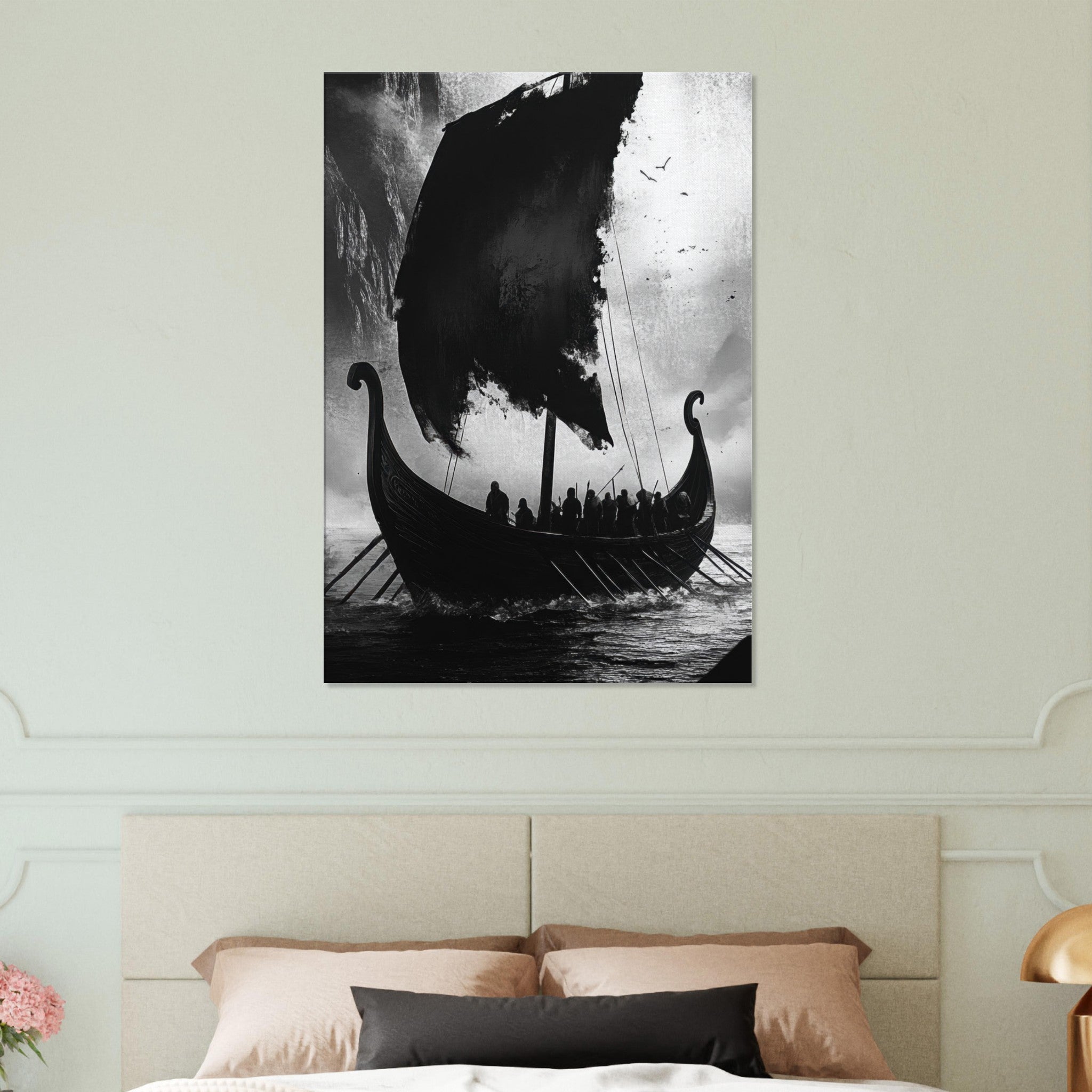 Canvas Portrait - The Ghostly Viking Longship Dark Nordic Ink Met - Shop Ai Art WebShop - Digital Art online Store