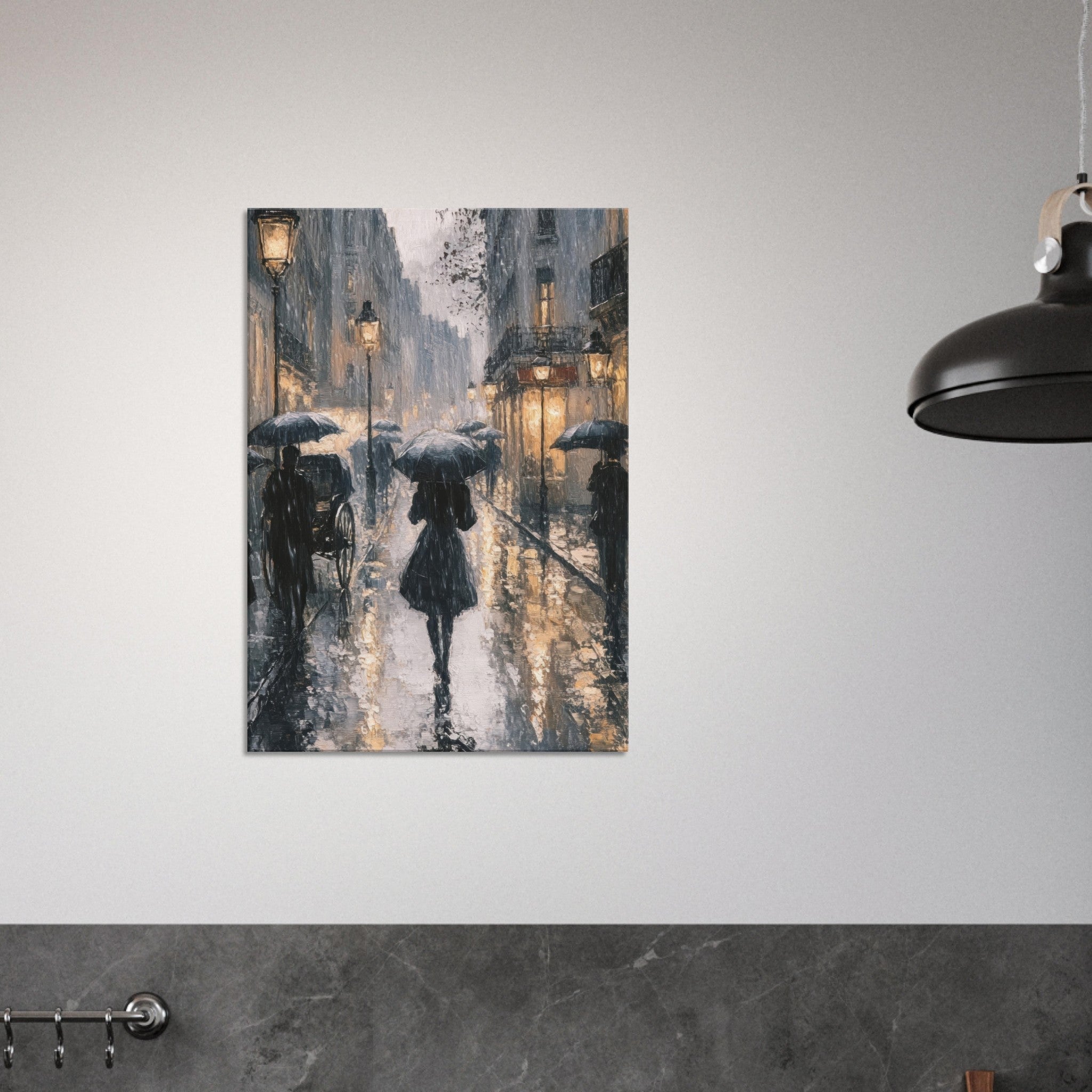 Canvas Portrait - Urban Rain Scene A rainy Parisian street in the 3 - Shop Ai Art WebShop - Digital Art online Store