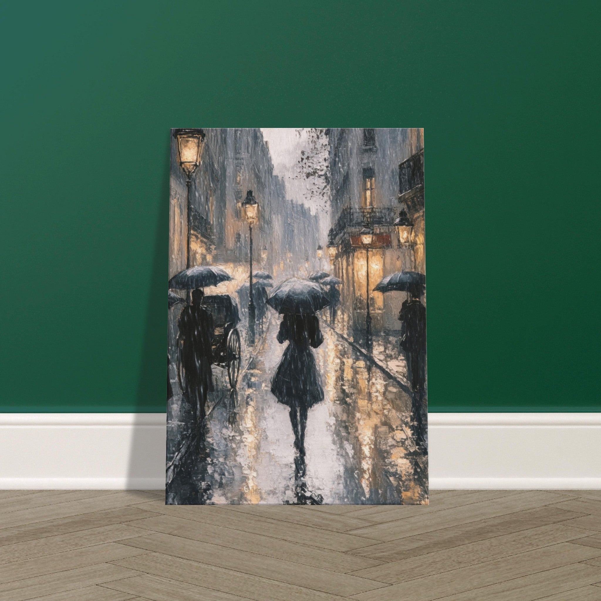 Canvas Portrait - Urban Rain Scene A rainy Parisian street in the 3 - Shop Ai Art WebShop - Digital Art online Store