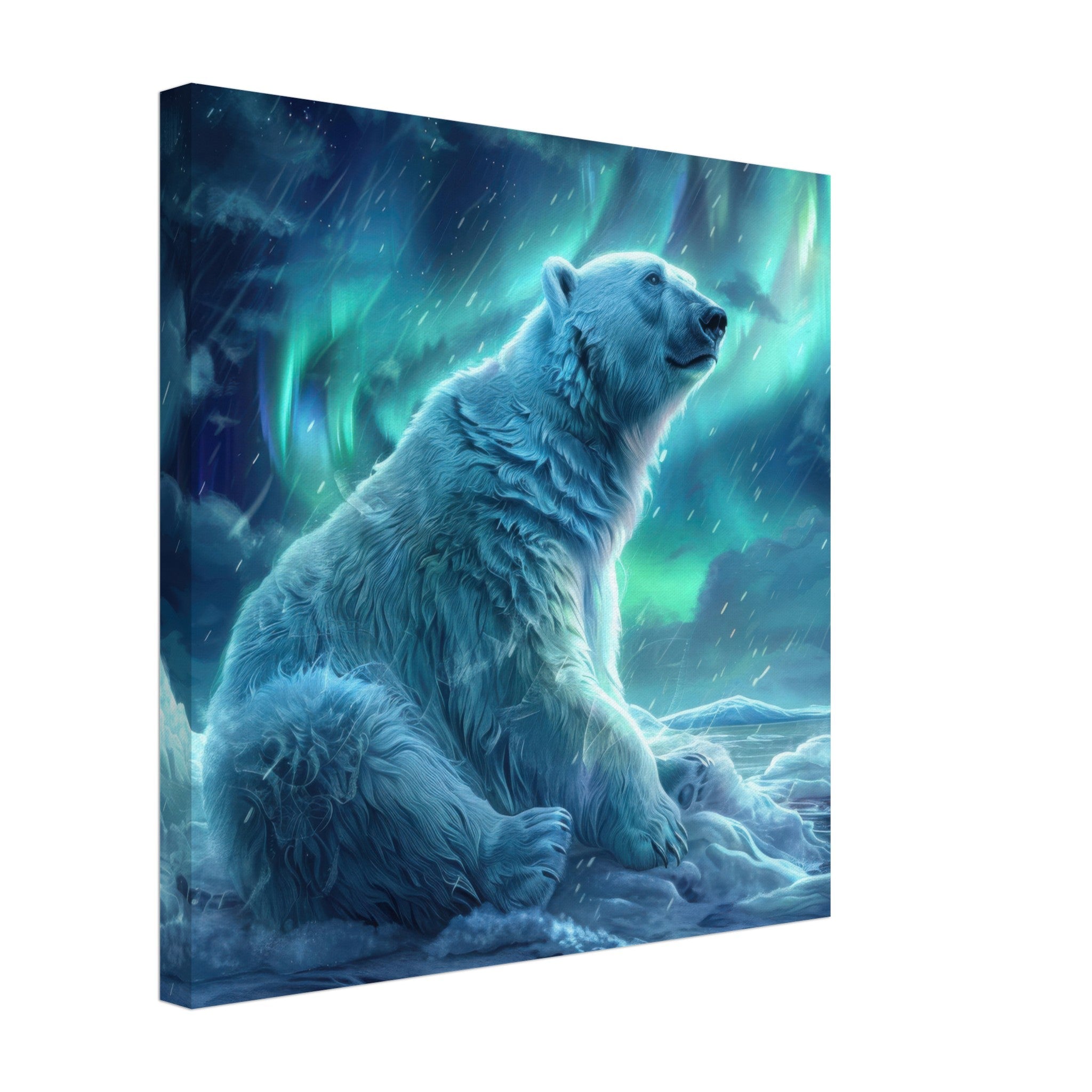Canvas Square - Polar Bear in the cold Night Enjoying the Northern Lights - Shop Ai Art WebShop - Digital Art online Store