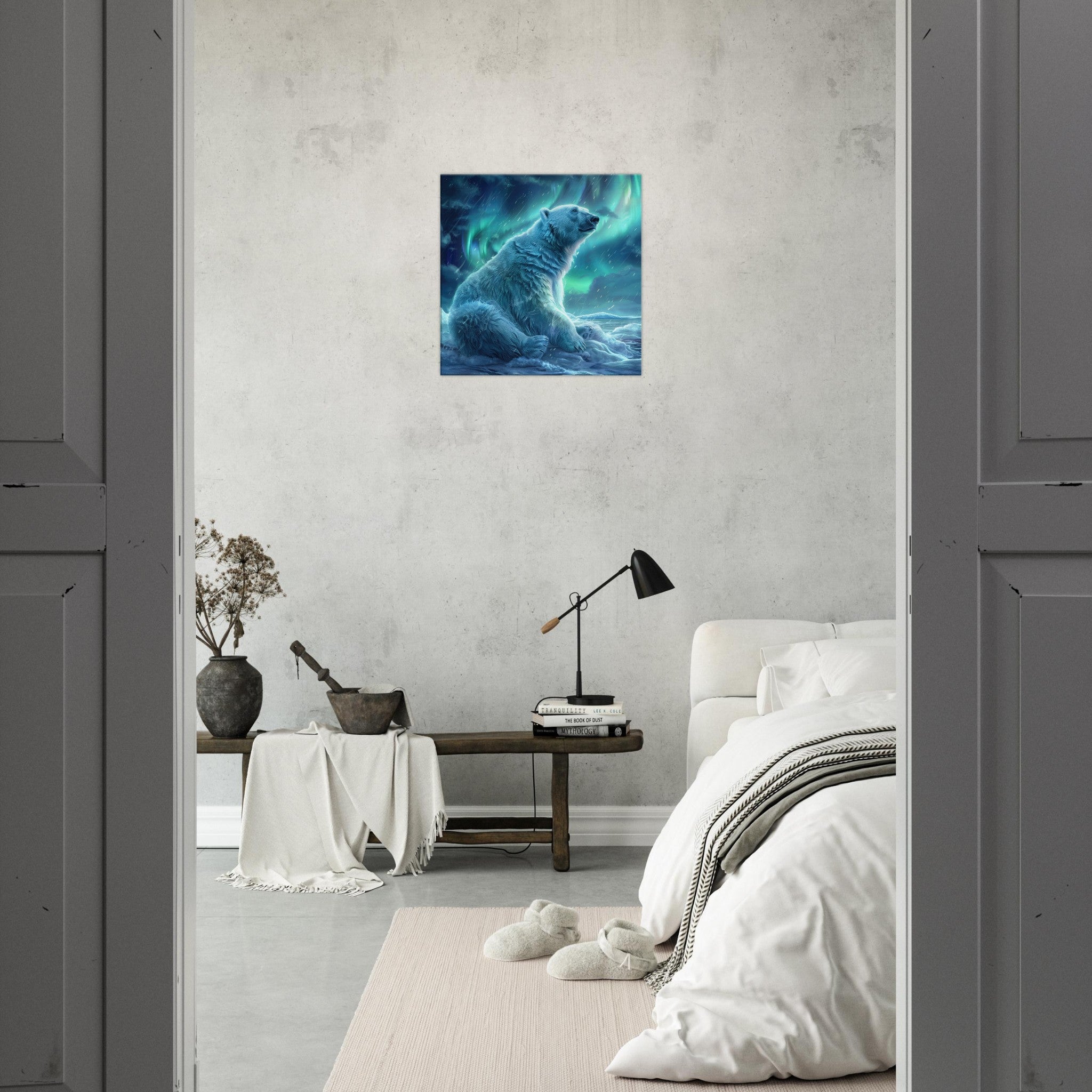 Canvas Square - Polar Bear in the cold Night Enjoying the Northern Lights - Shop Ai Art WebShop - Digital Art online Store