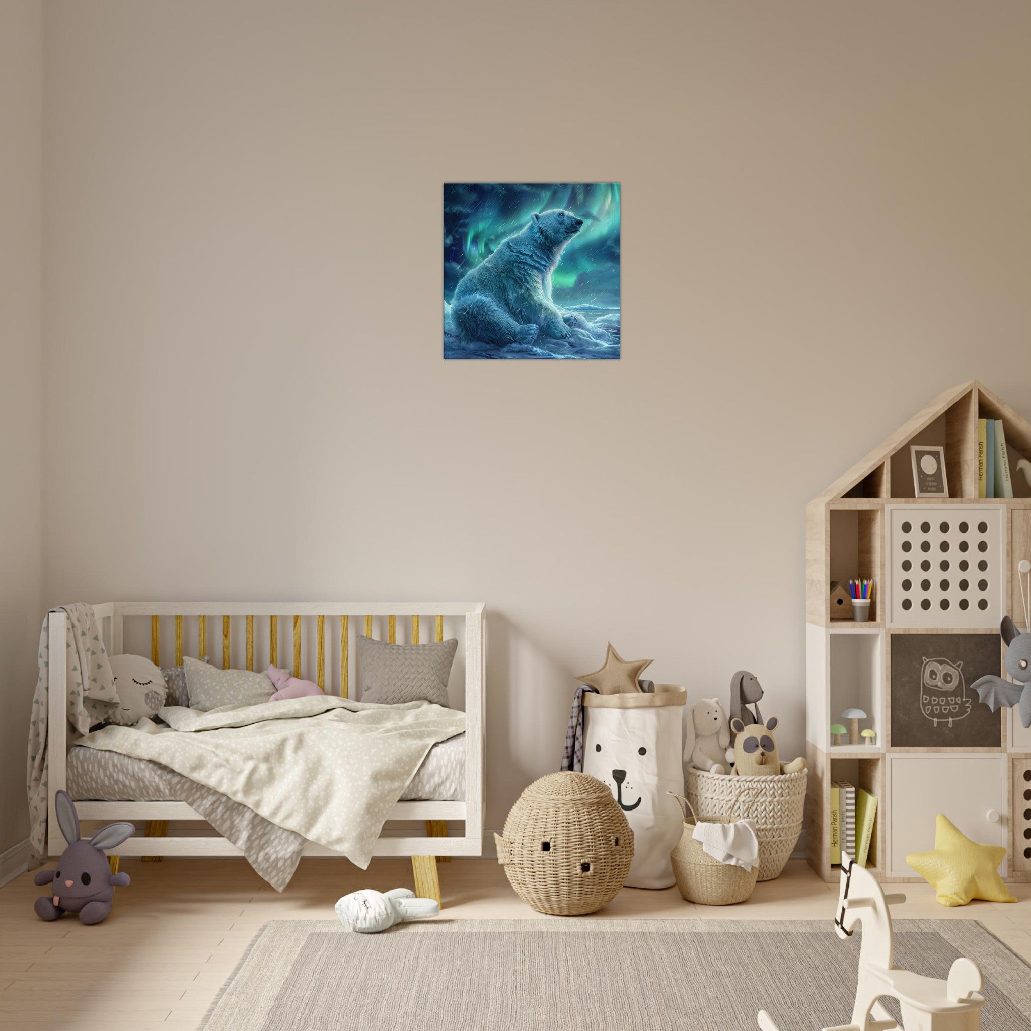 Canvas Square - Polar Bear in the cold Night Enjoying the Northern Lights - Shop Ai Art WebShop - Digital Art online Store