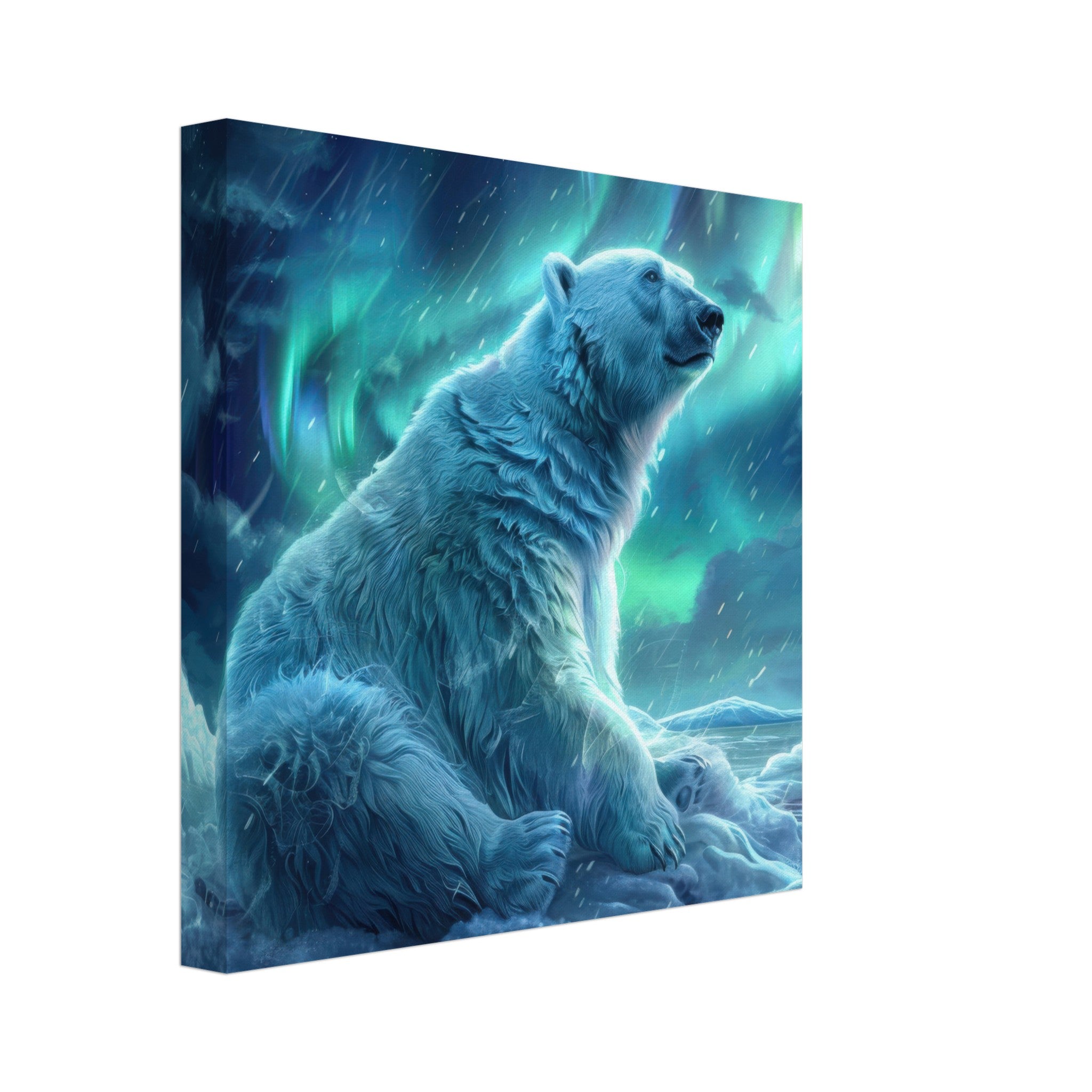 Canvas Square - Polar Bear in the cold Night Enjoying the Northern Lights - Shop Ai Art WebShop - Digital Art online Store