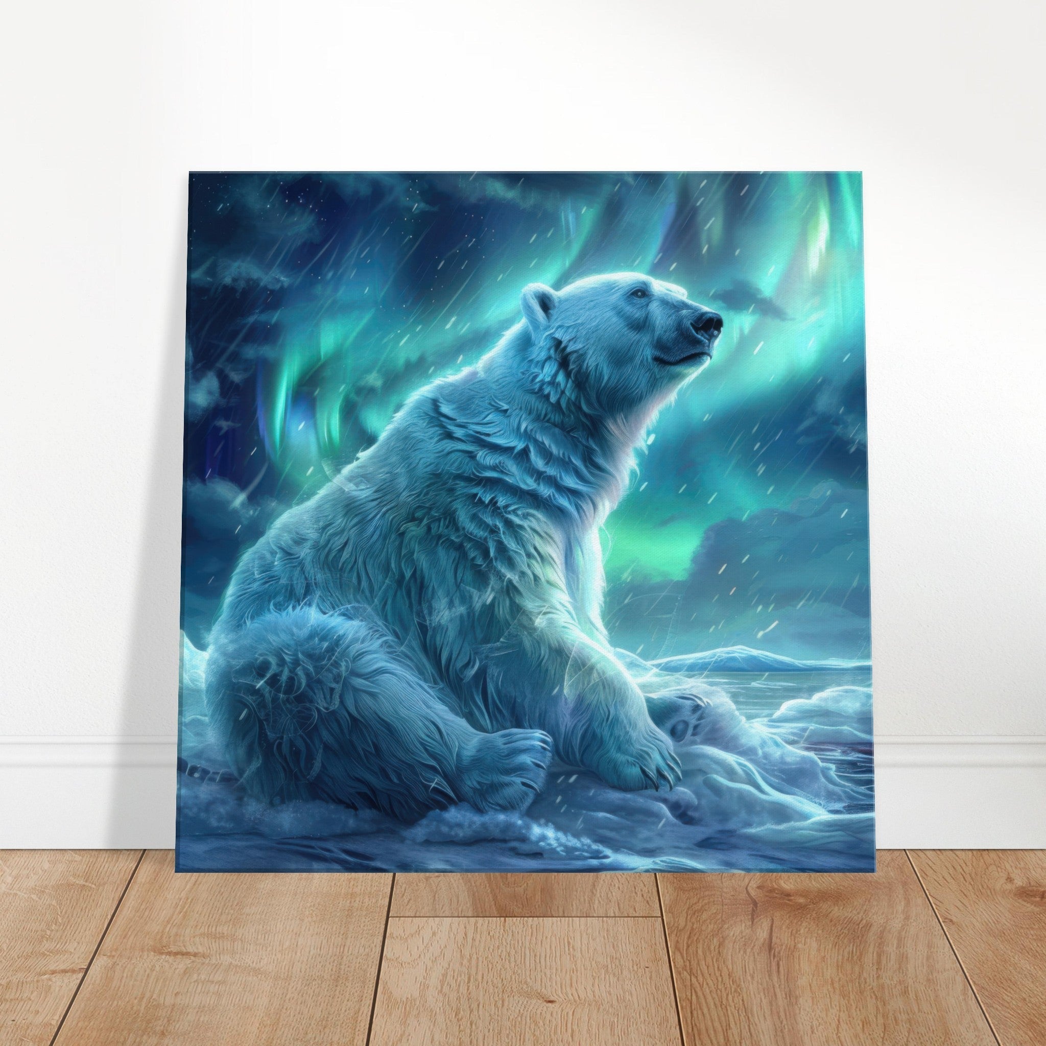 Canvas Square - Polar Bear in the cold Night Enjoying the Northern Lights - Shop Ai Art WebShop - Digital Art online Store