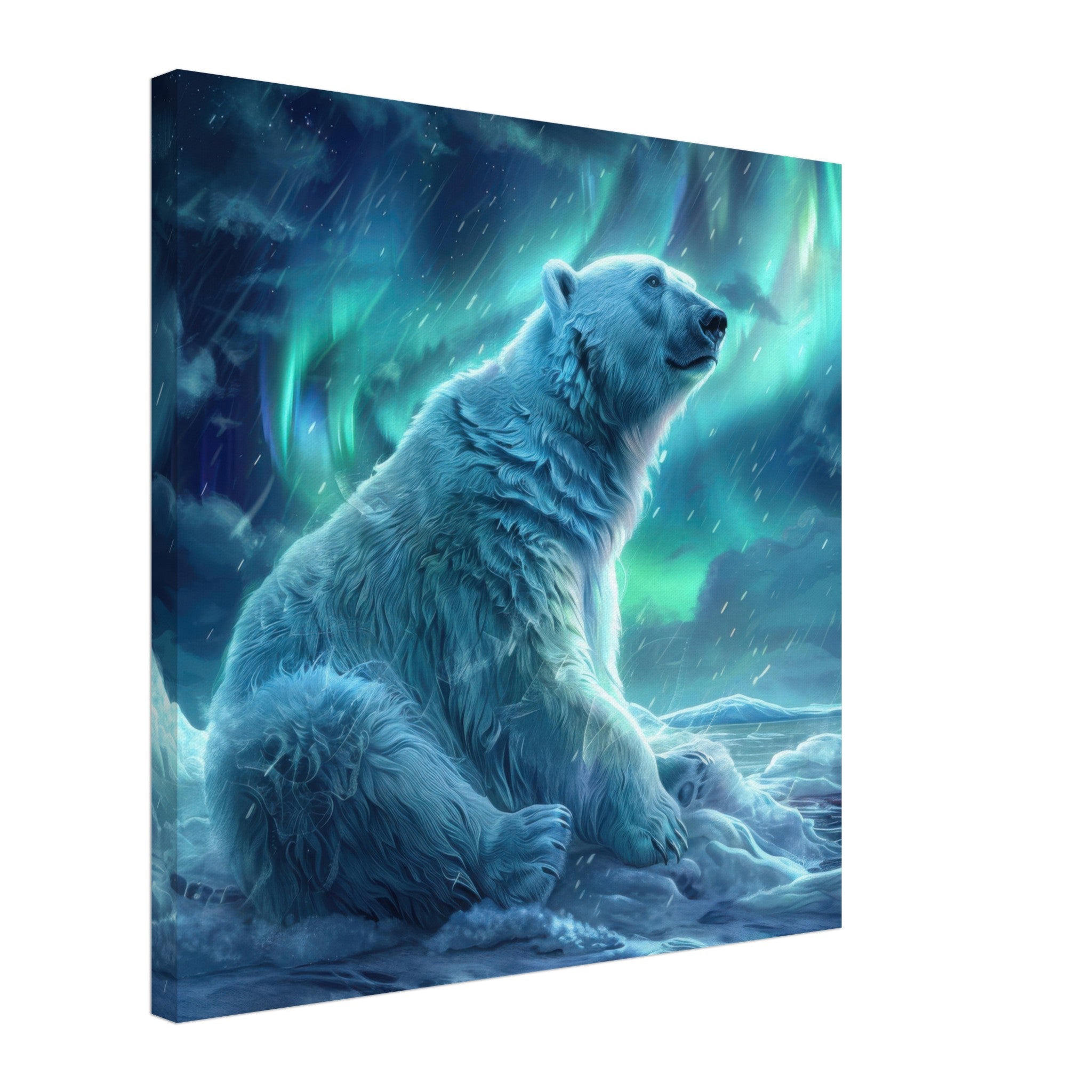 Canvas Square - Polar Bear in the cold Night Enjoying the Northern Lights - Shop Ai Art WebShop - Digital Art online Store