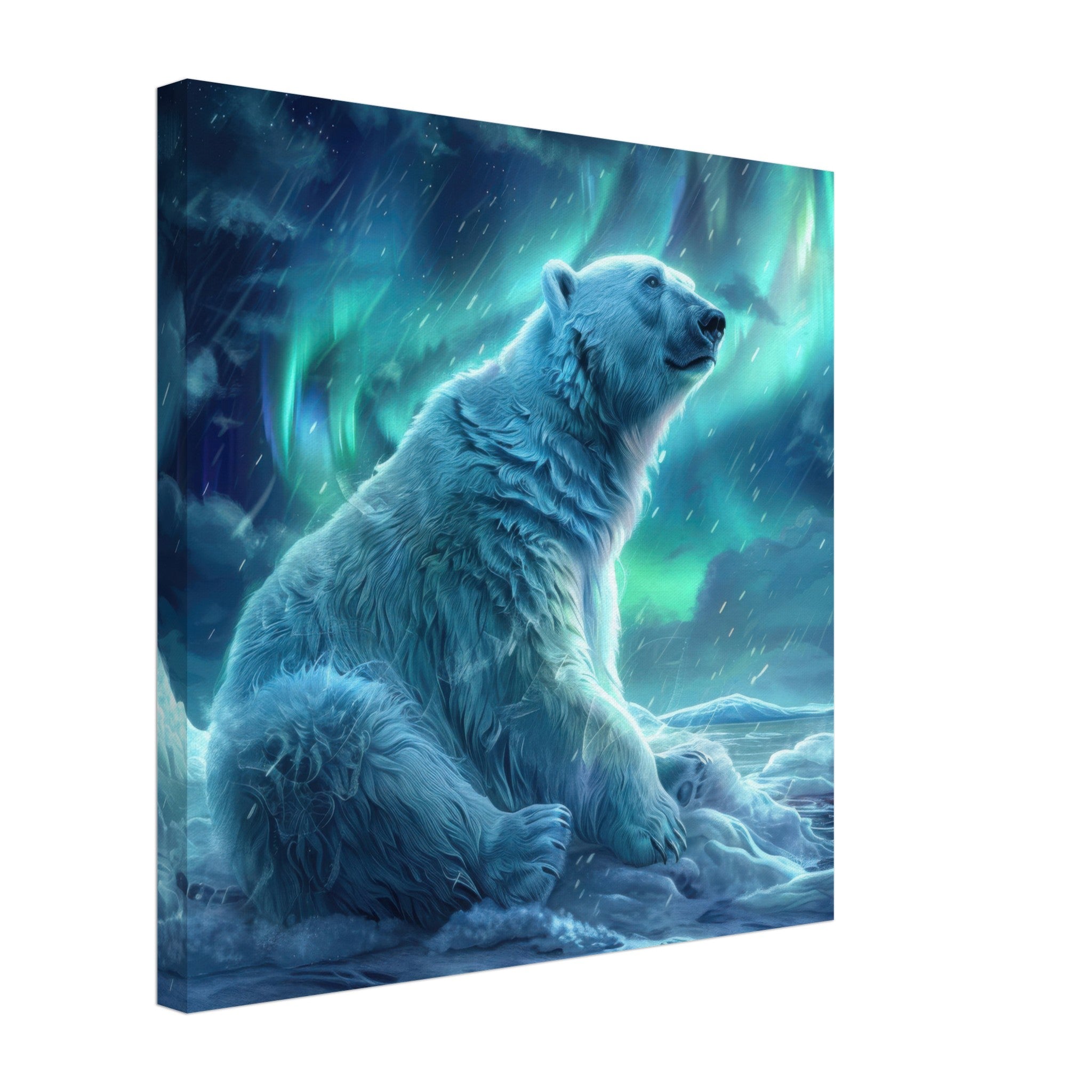 Canvas Square - Polar Bear in the cold Night Enjoying the Northern Lights - Shop Ai Art WebShop - Digital Art online Store