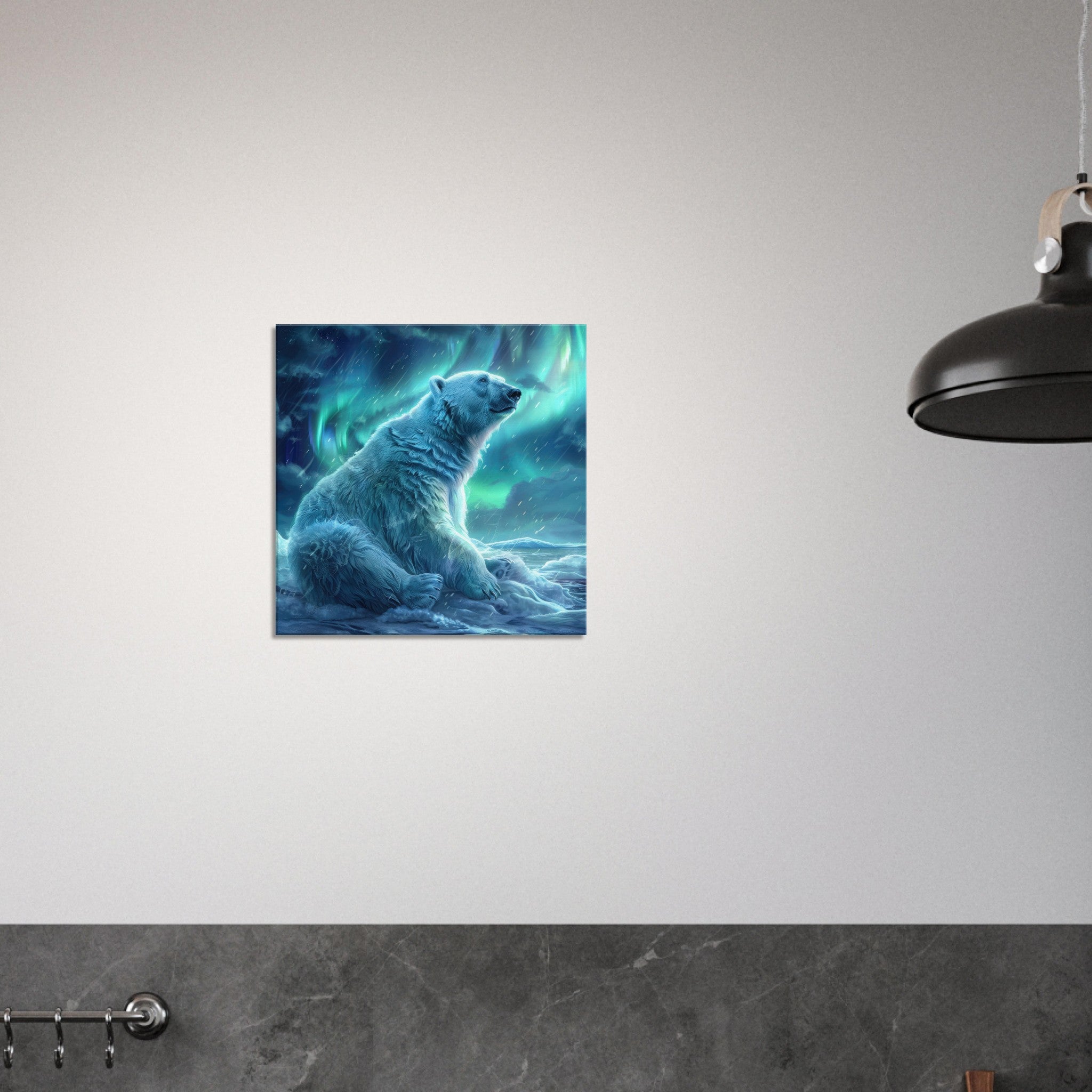 Canvas Square - Polar Bear in the cold Night Enjoying the Northern Lights - Shop Ai Art WebShop - Digital Art online Store