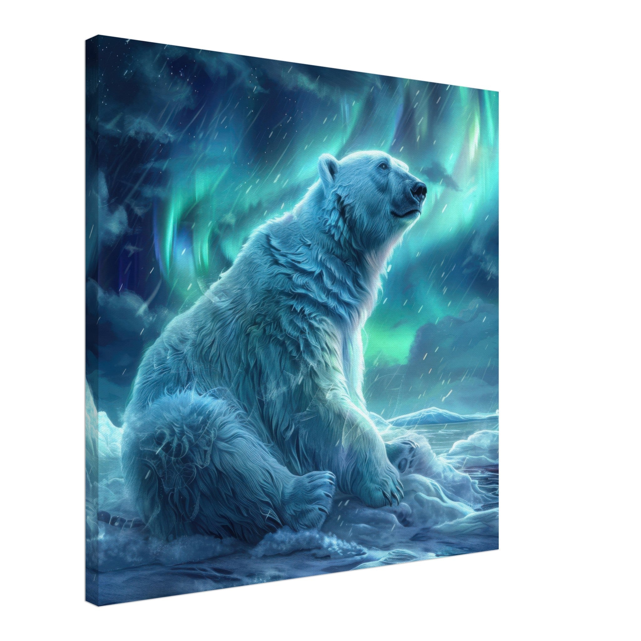 Canvas Square - Polar Bear in the cold Night Enjoying the Northern Lights - Shop Ai Art WebShop - Digital Art online Store