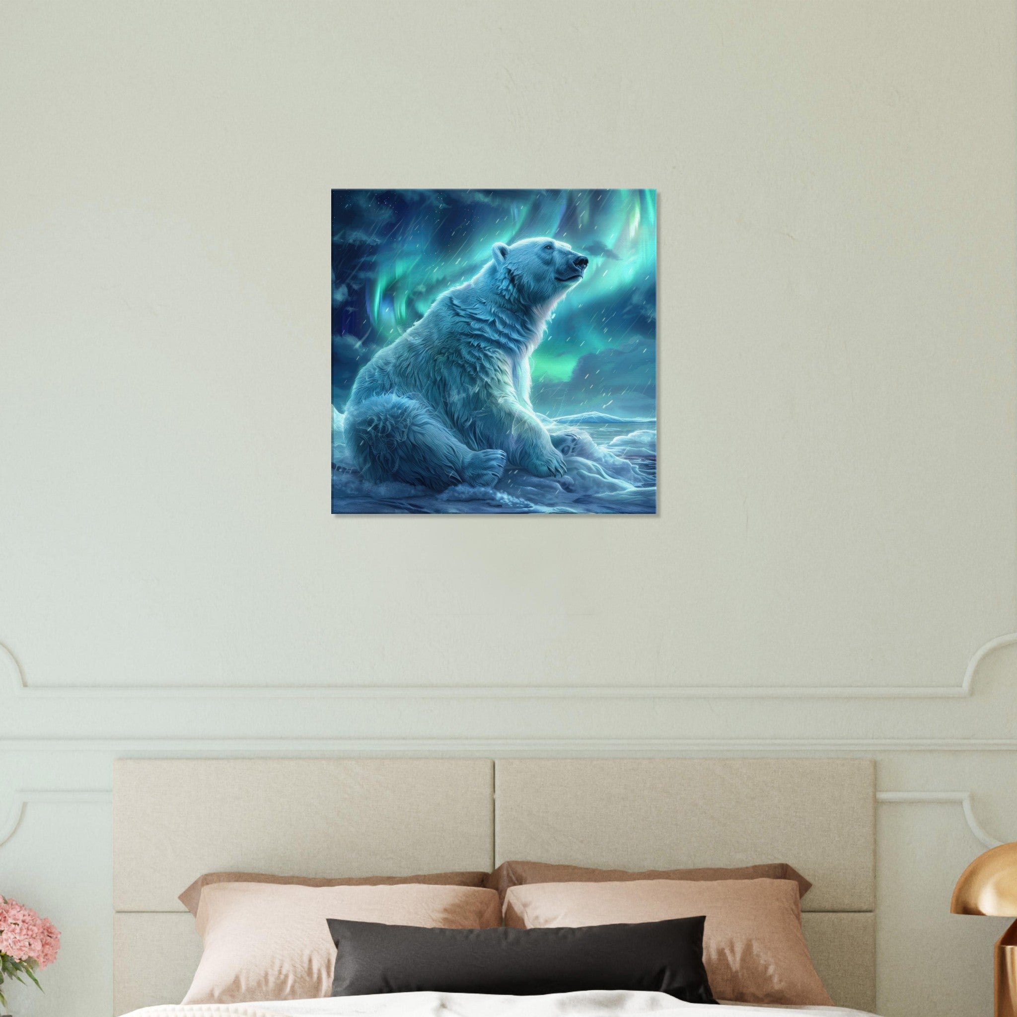 Canvas Square - Polar Bear in the cold Night Enjoying the Northern Lights - Shop Ai Art WebShop - Digital Art online Store