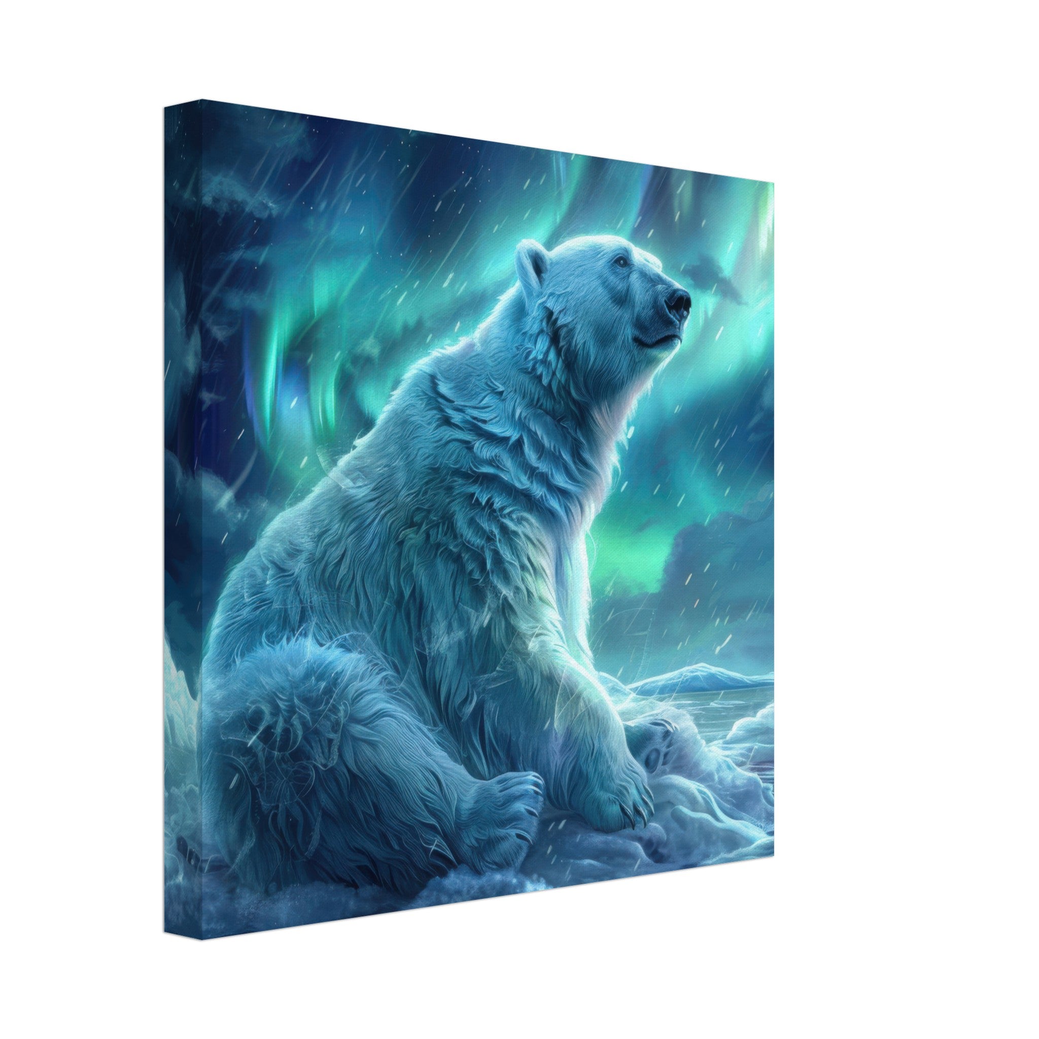 Canvas Square - Polar Bear in the cold Night Enjoying the Northern Lights - Shop Ai Art WebShop - Digital Art online Store