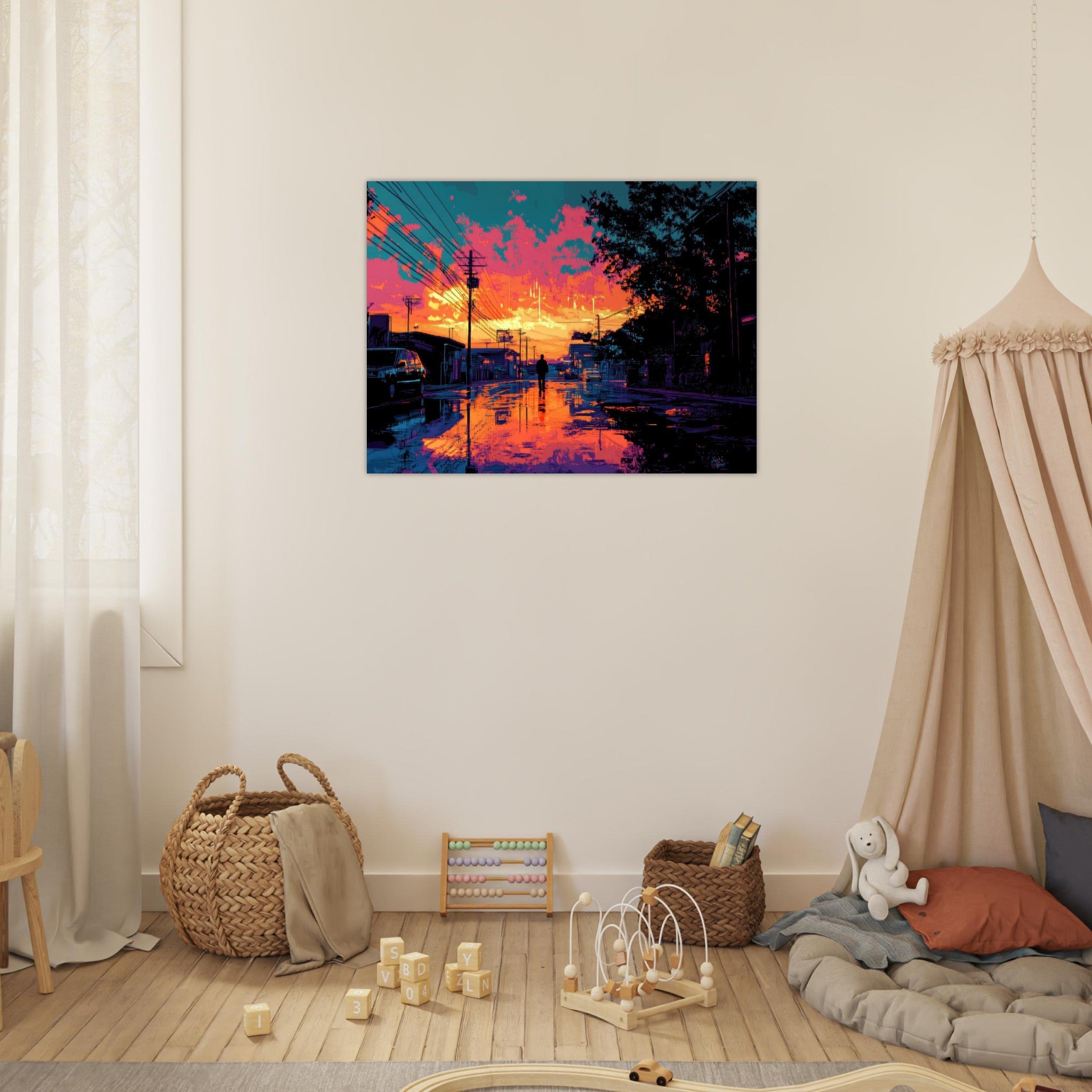 Fine Art Poster Landscape - A city where neon lights create impossible rifle 3 - Shop Ai Art WebShop - Digital Art online Store