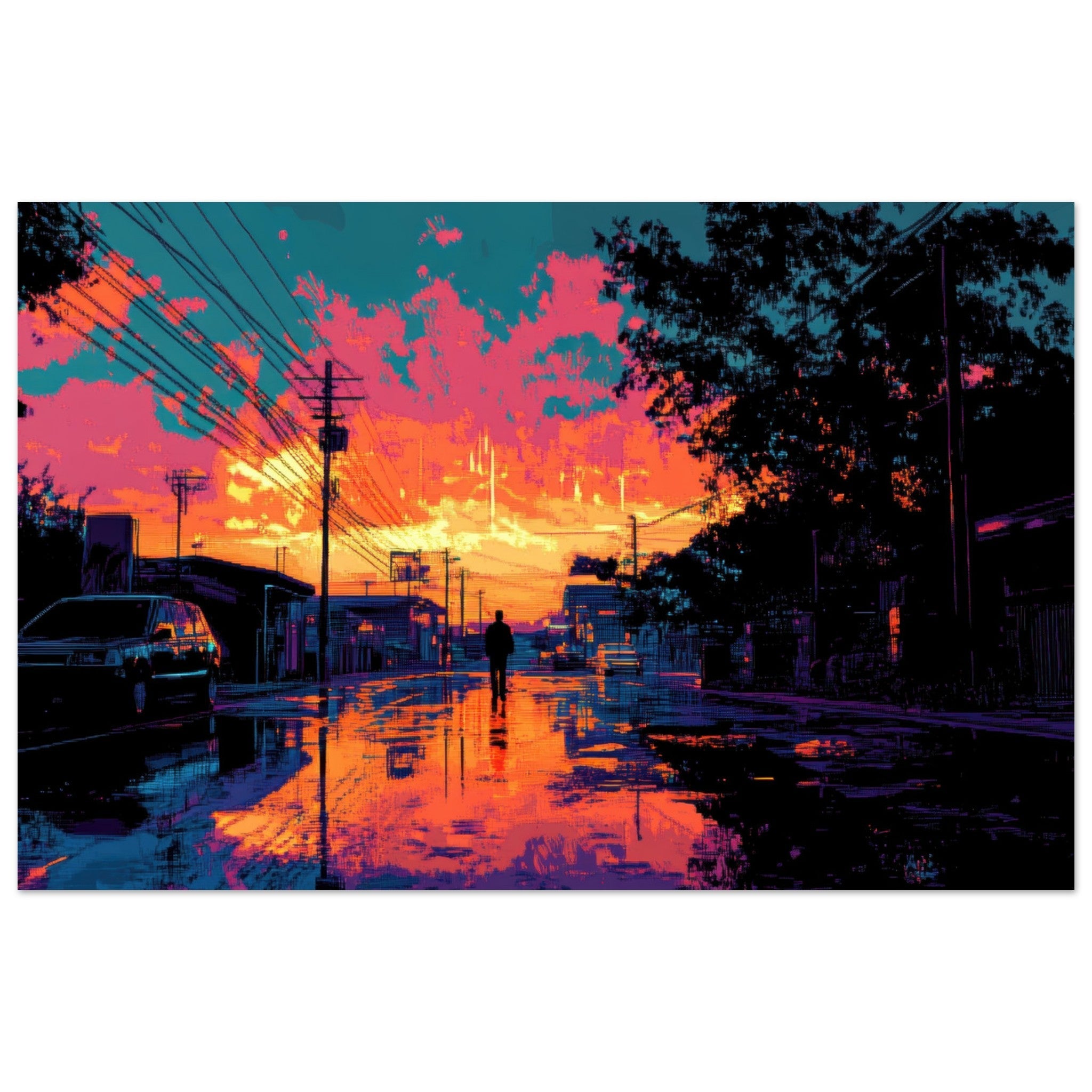 Fine Art Poster Landscape - A city where neon lights create impossible rifle 3 - Shop Ai Art WebShop - Digital Art online Store