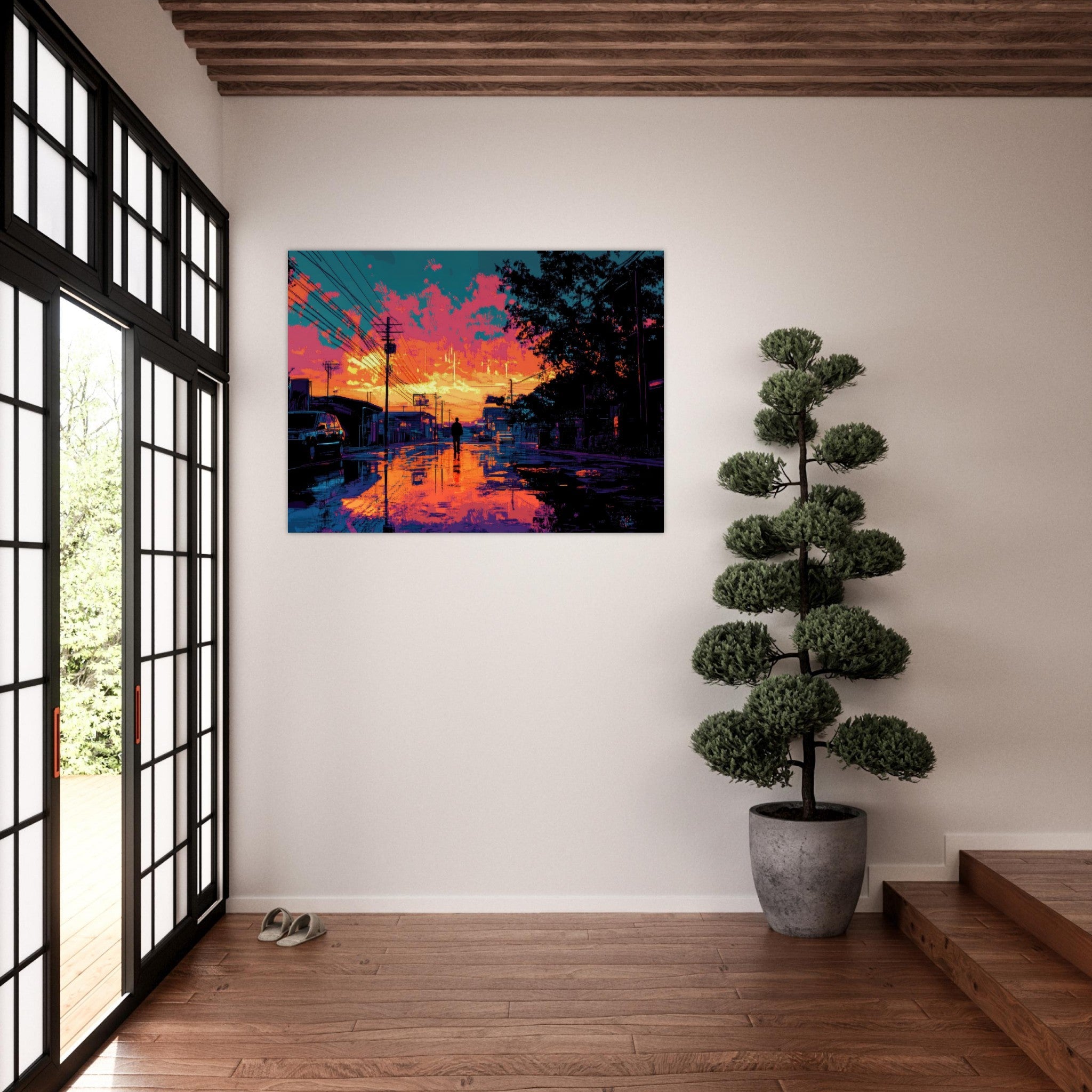 Fine Art Poster Landscape - A city where neon lights create impossible rifle 3 - Shop Ai Art WebShop - Digital Art online Store