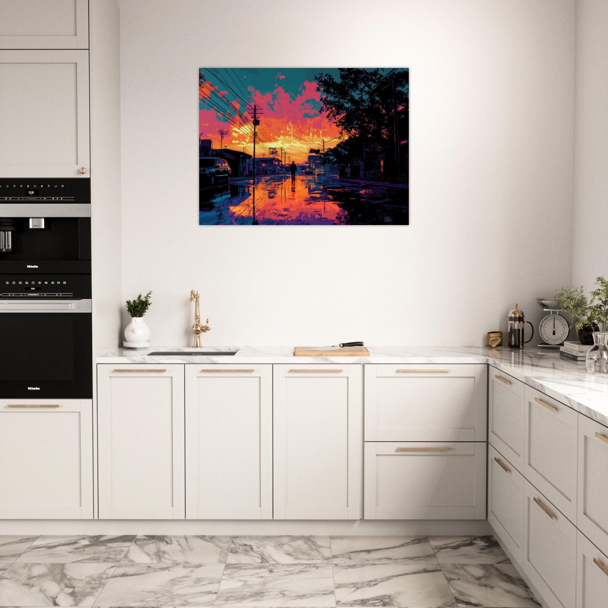 Fine Art Poster Landscape - A city where neon lights create impossible rifle 3 - Shop Ai Art WebShop - Digital Art online Store