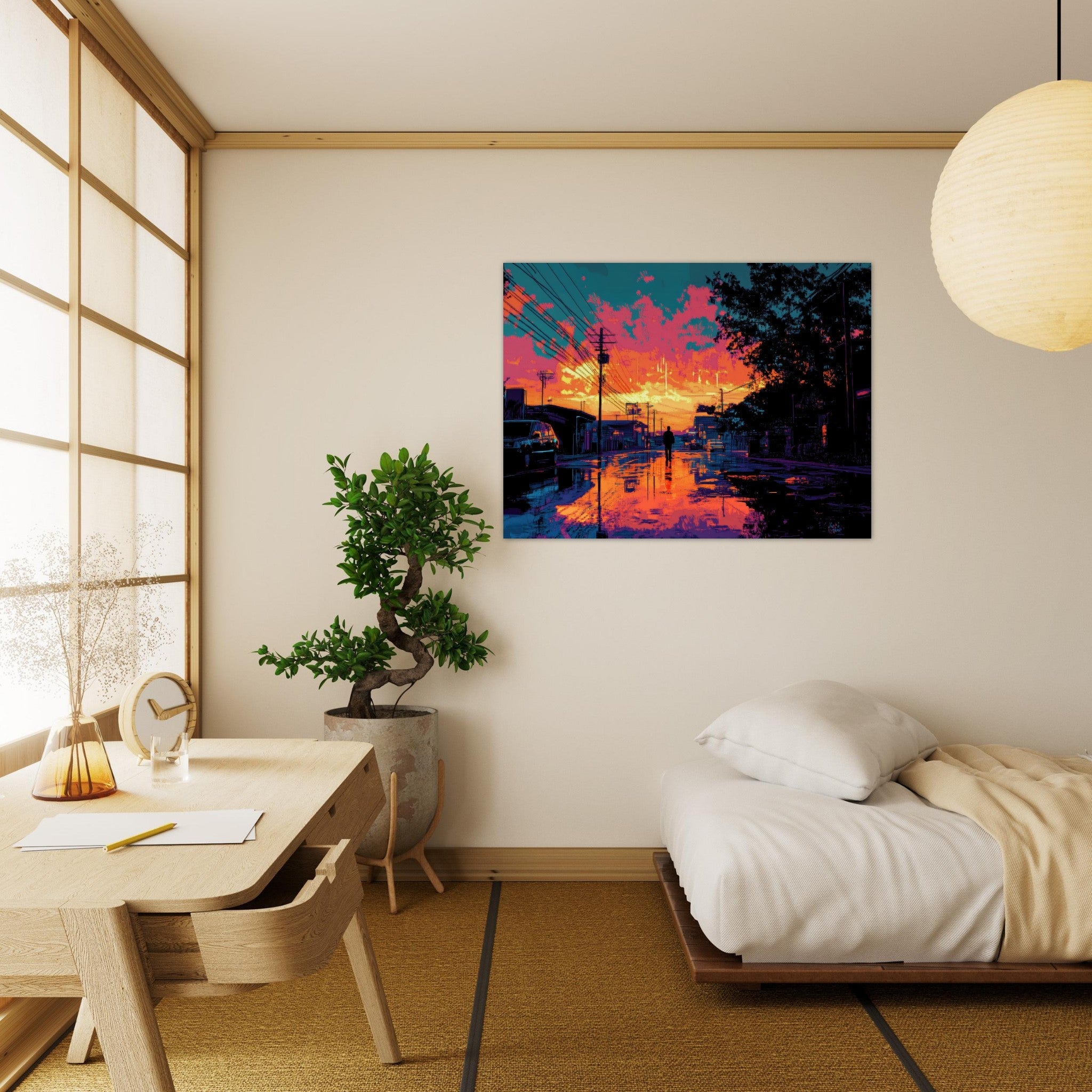 Fine Art Poster Landscape - A city where neon lights create impossible rifle 3 - Shop Ai Art WebShop - Digital Art online Store