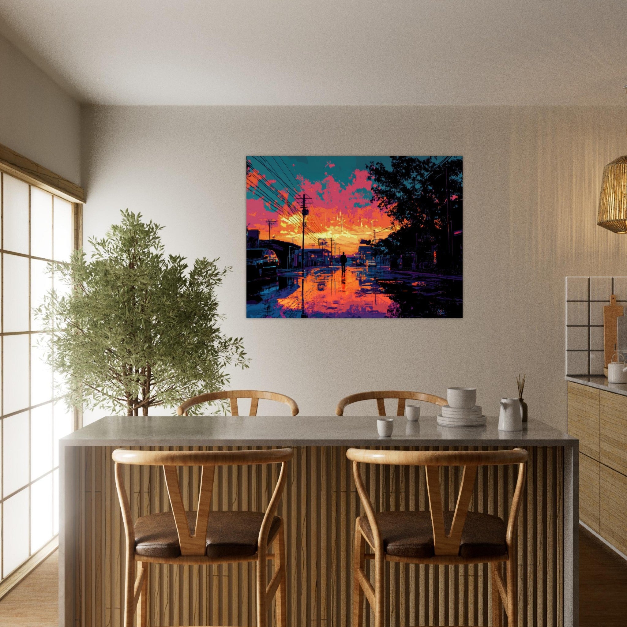Fine Art Poster Landscape - A city where neon lights create impossible rifle 3 - Shop Ai Art WebShop - Digital Art online Store