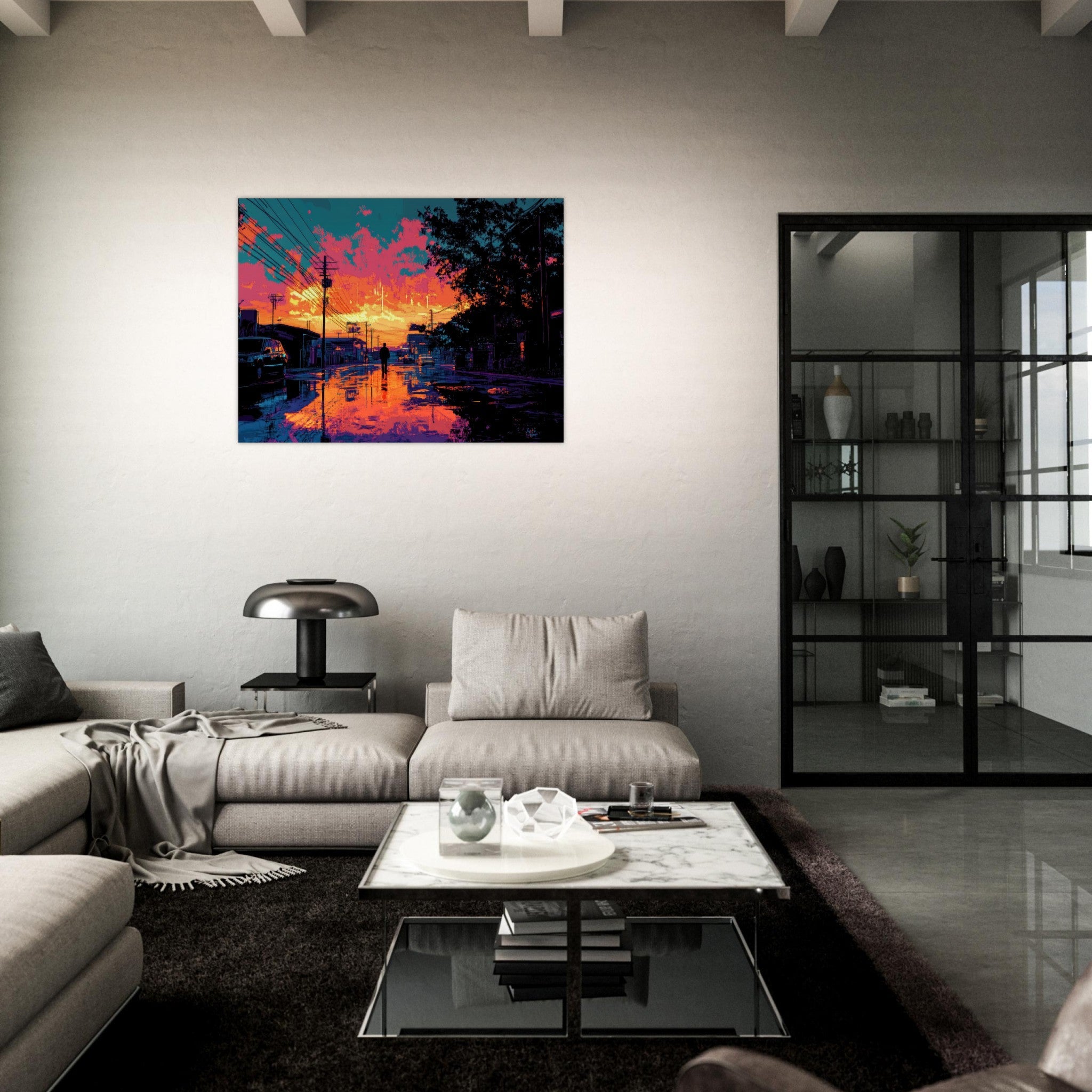 Fine Art Poster Landscape - A city where neon lights create impossible rifle 3 - Shop Ai Art WebShop - Digital Art online Store