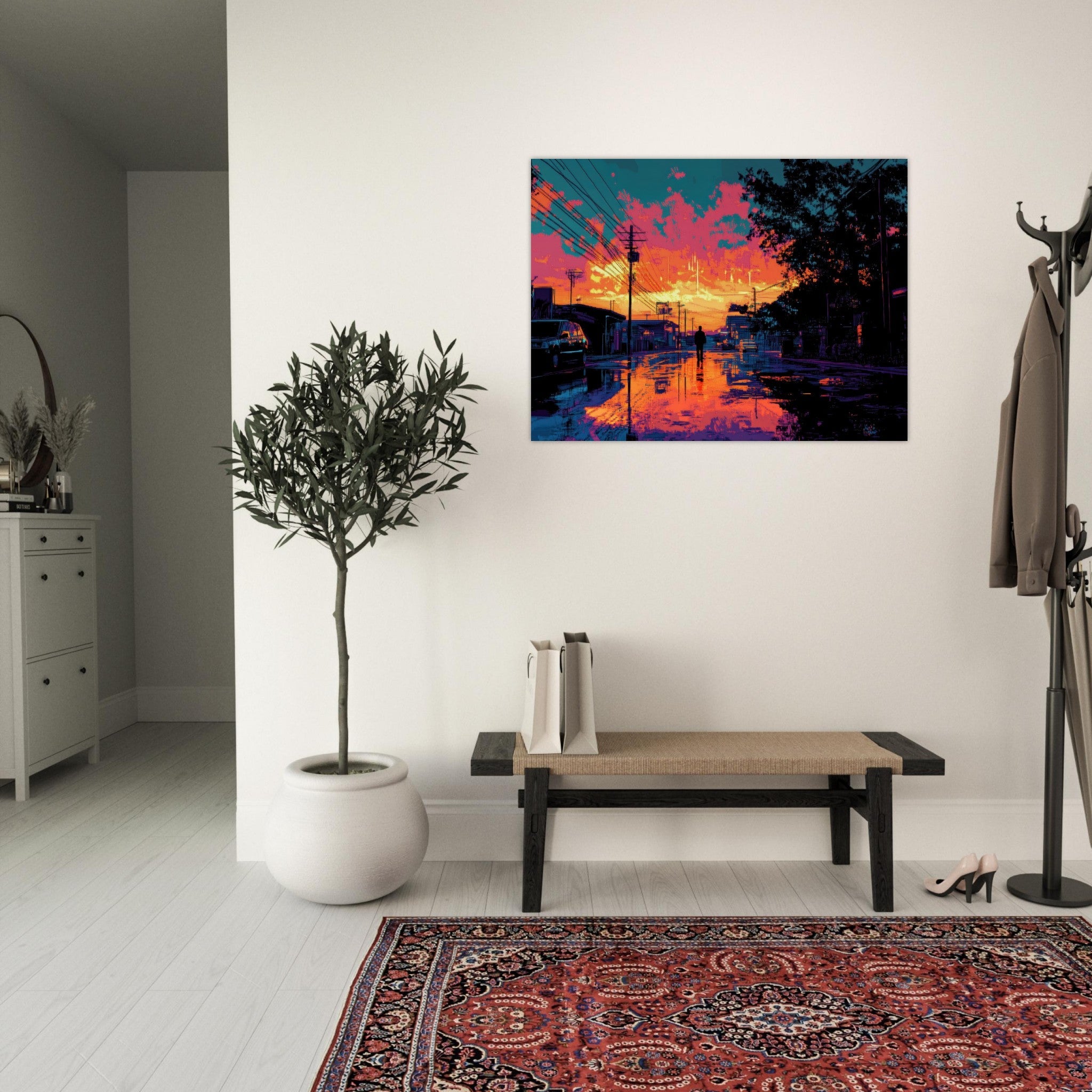 Fine Art Poster Landscape - A city where neon lights create impossible rifle 3 - Shop Ai Art WebShop - Digital Art online Store
